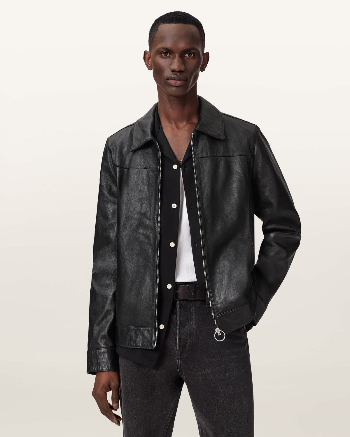 Alkan Zip Up Two Tone Leather Jacket Black
