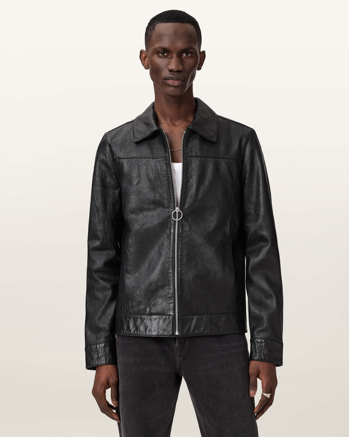 Alkan Zip Up Two Tone Leather Jacket Black