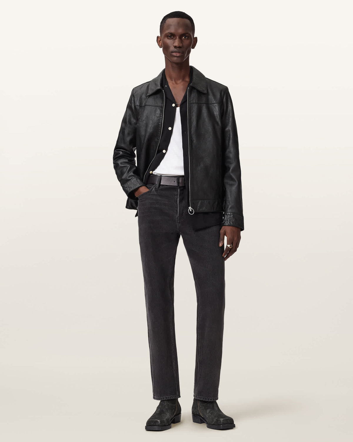 Alkan Zip Up Two Tone Leather Jacket Black