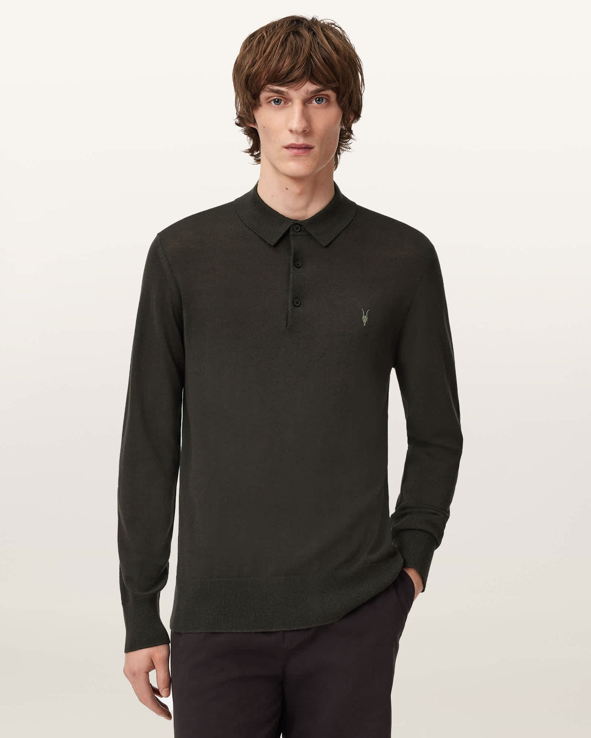 Mode Merino Wool Long-Sleeve Polo Shirt Olive Green