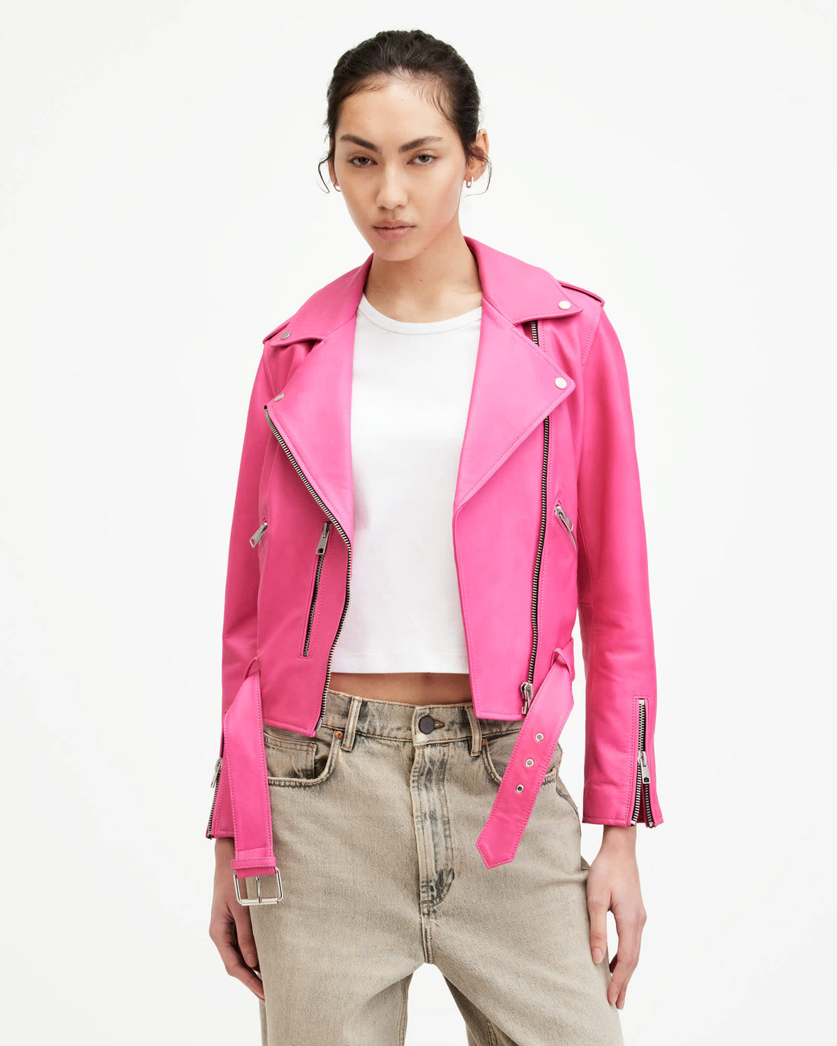 Balfern Leather Biker Jacket Neon Pink