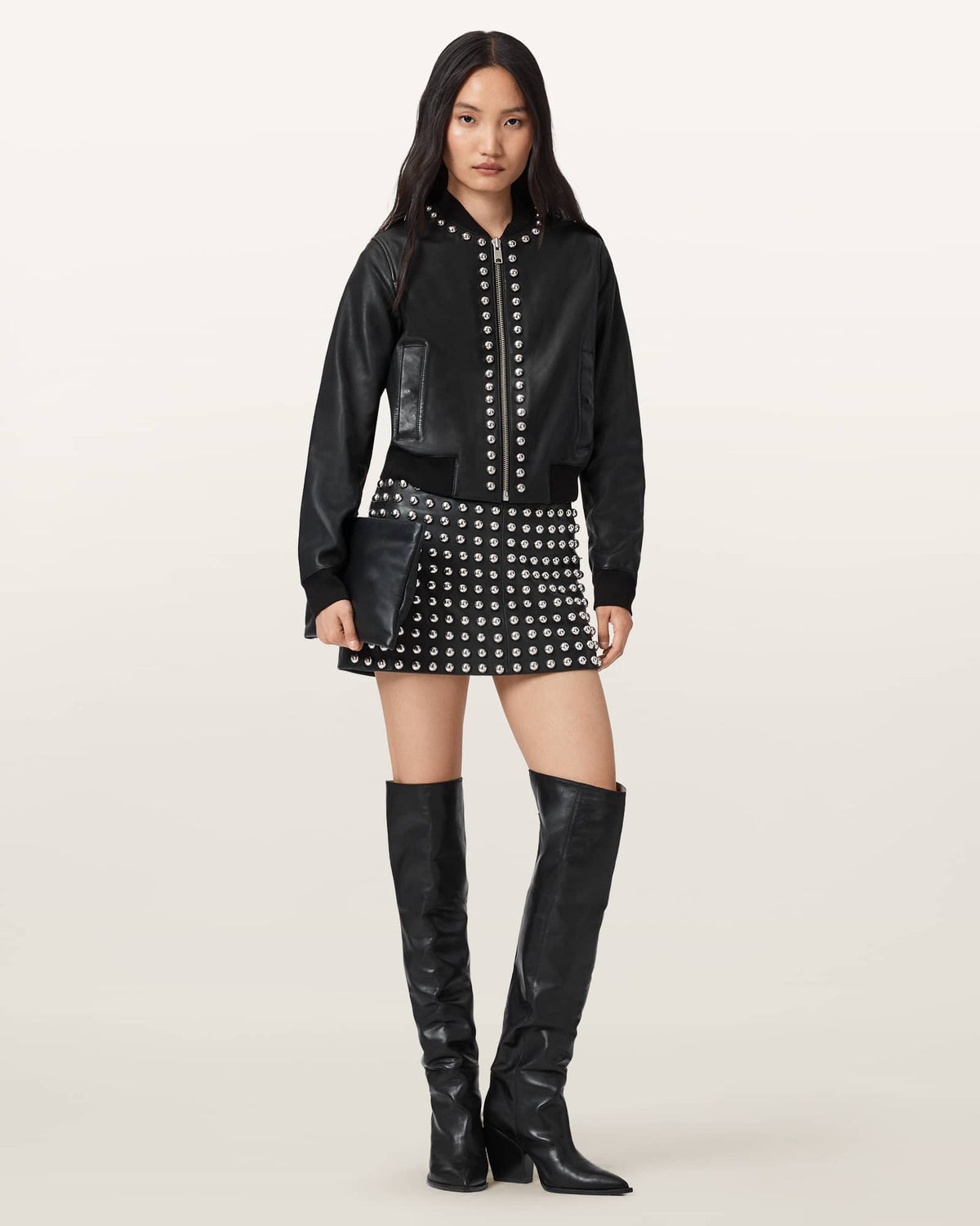 Lea Studded Leather Mini Skirt Black