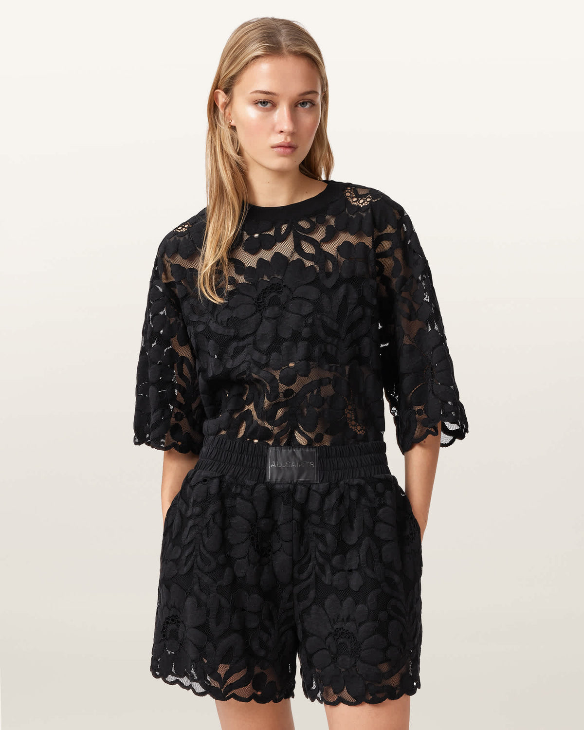 Amelie Mid Rise Relaxed Lace Shorts Black