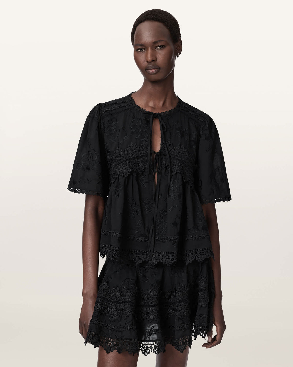 Lillith Embroidered Short Sleeve Top Black