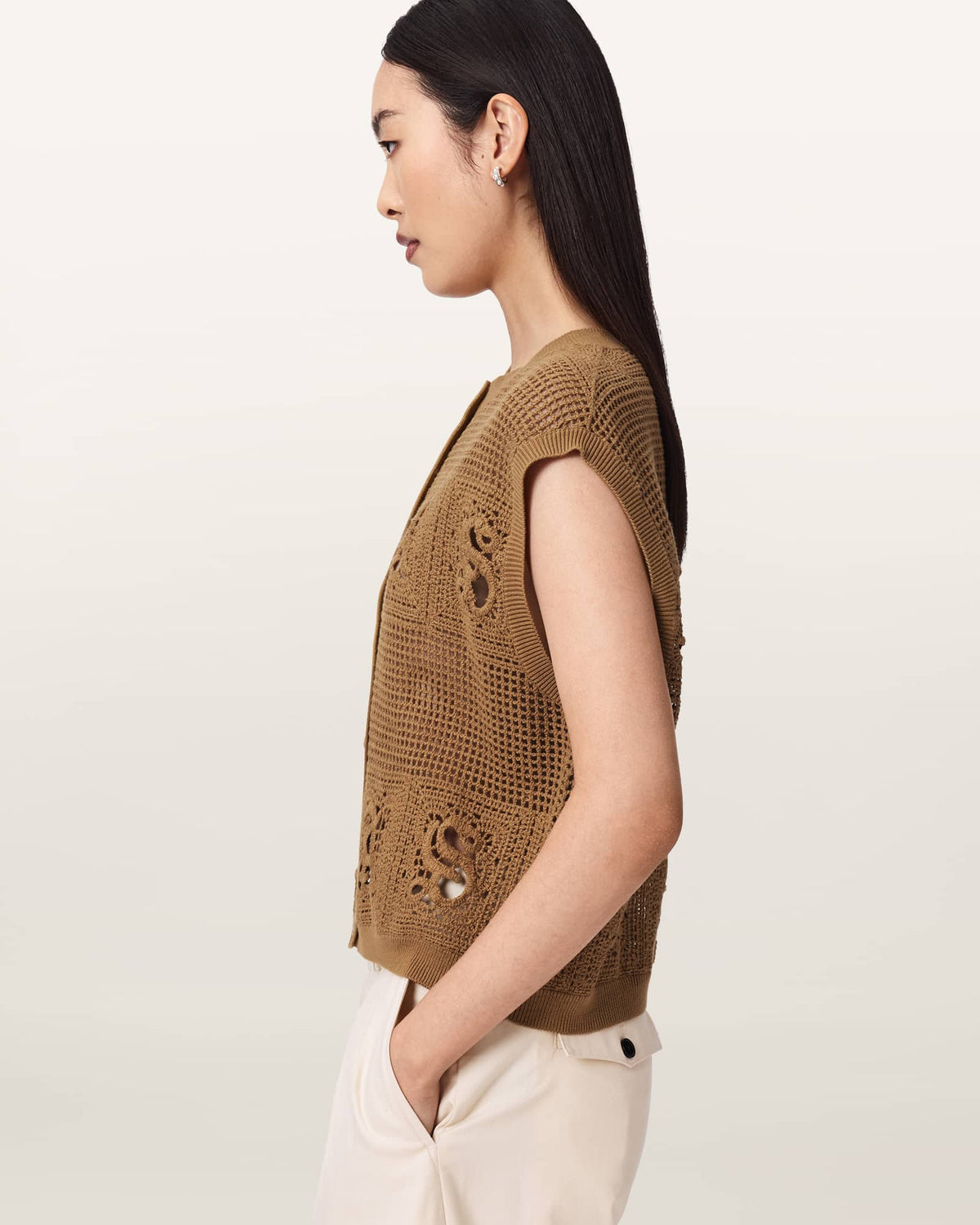 Kyra Open Knit Crochet Cotton Waistcoat PINTO BROWN