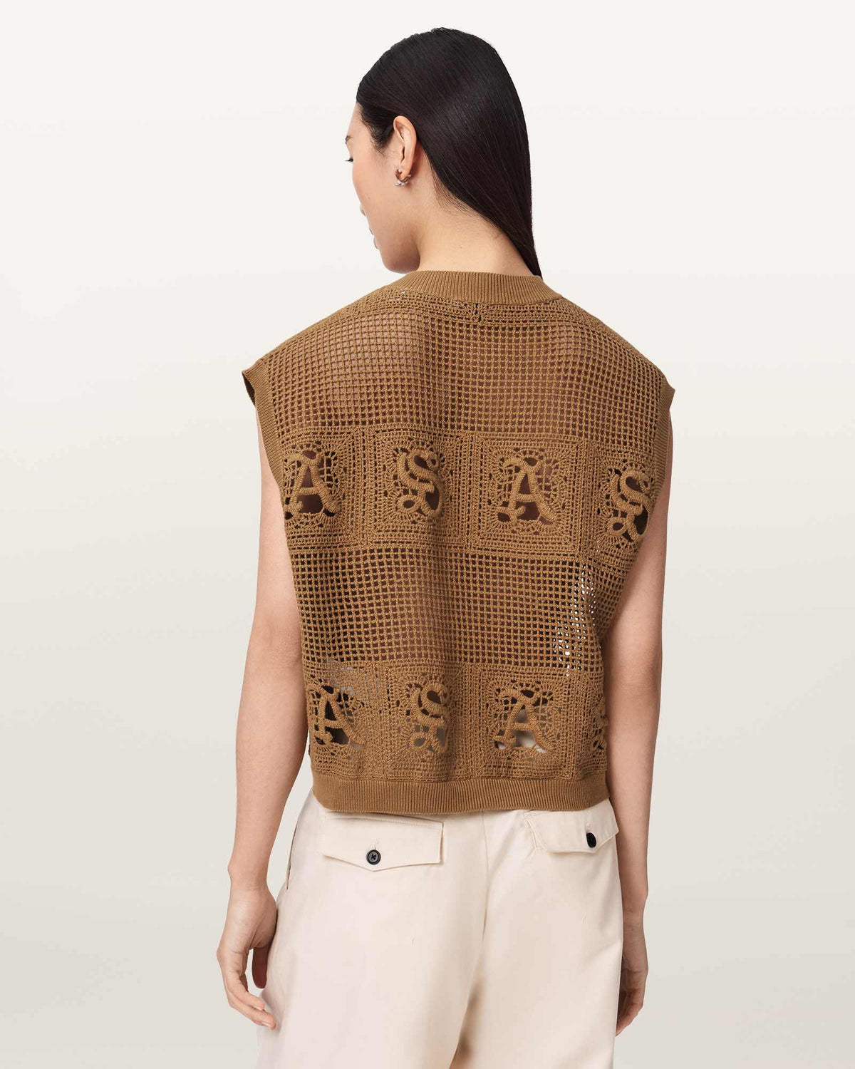 Kyra Open Knit Crochet Cotton Waistcoat PINTO BROWN