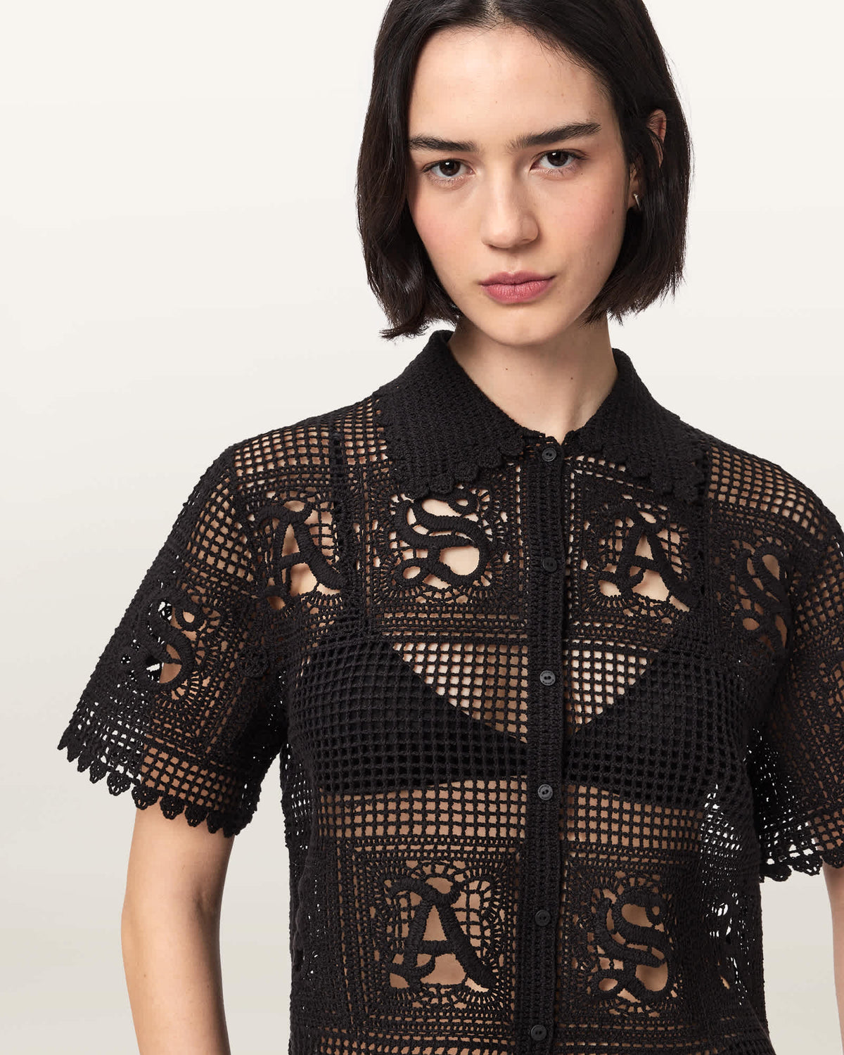 Kyra Crochet Cropped Polo T-Shirt Black