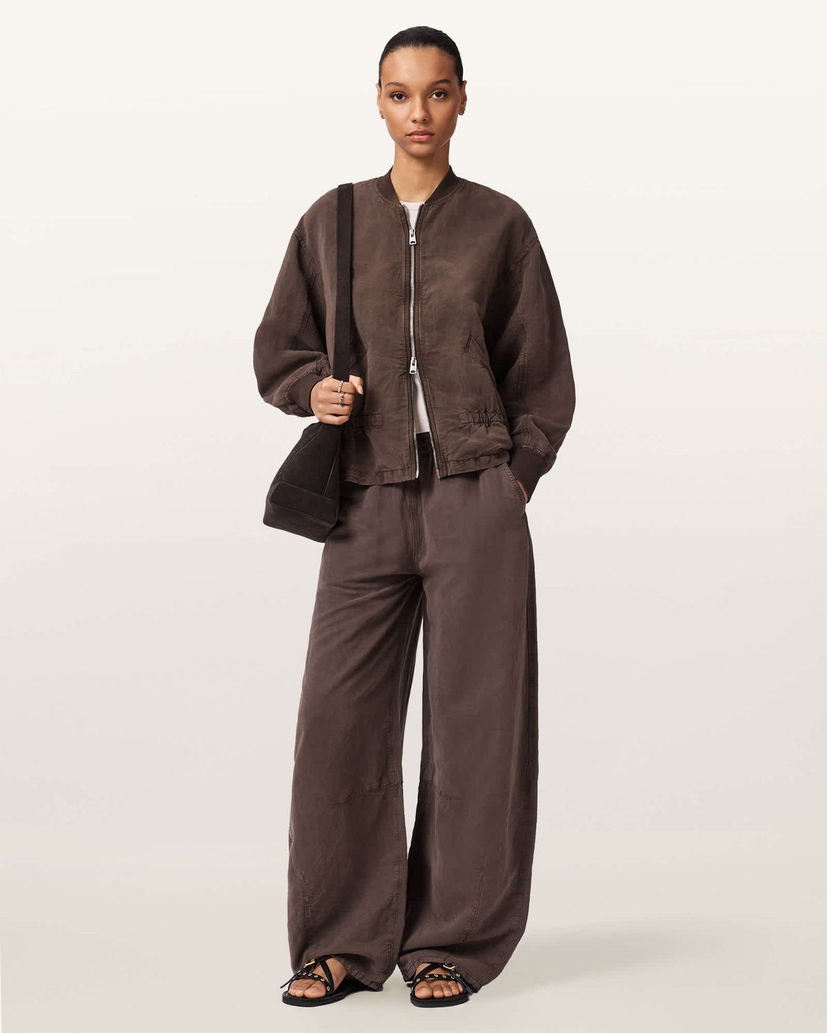 Sofi Linen Blend Drawstring Bomber Jacket PLUM BROWN