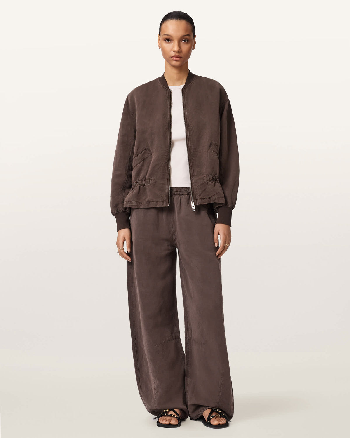 Sofi Linen Blend Drawstring Bomber Jacket PLUM BROWN