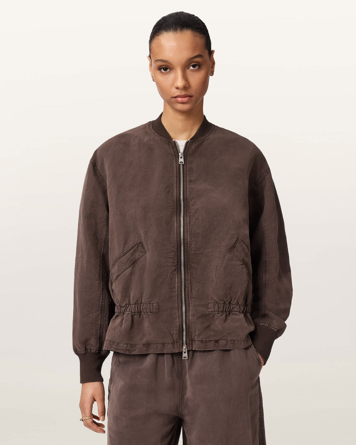 Sofi Linen Blend Drawstring Bomber Jacket PLUM BROWN