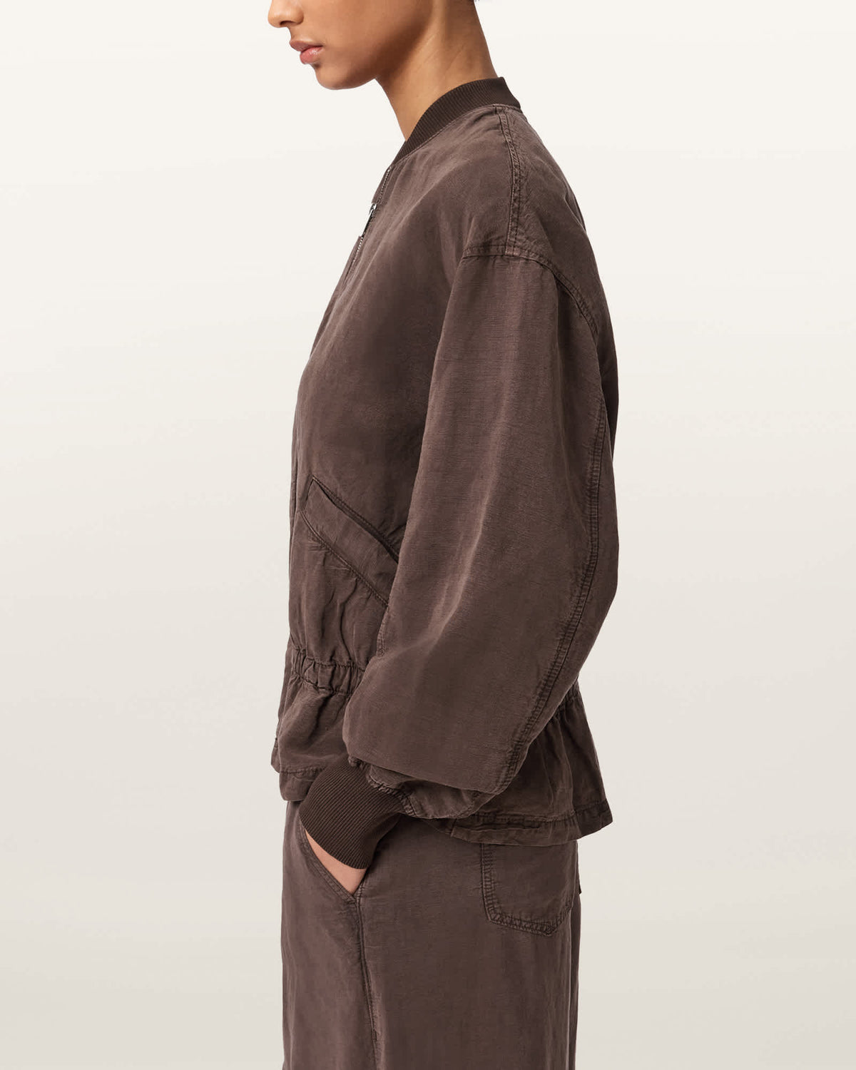 Sofi Linen Blend Drawstring Bomber Jacket PLUM BROWN