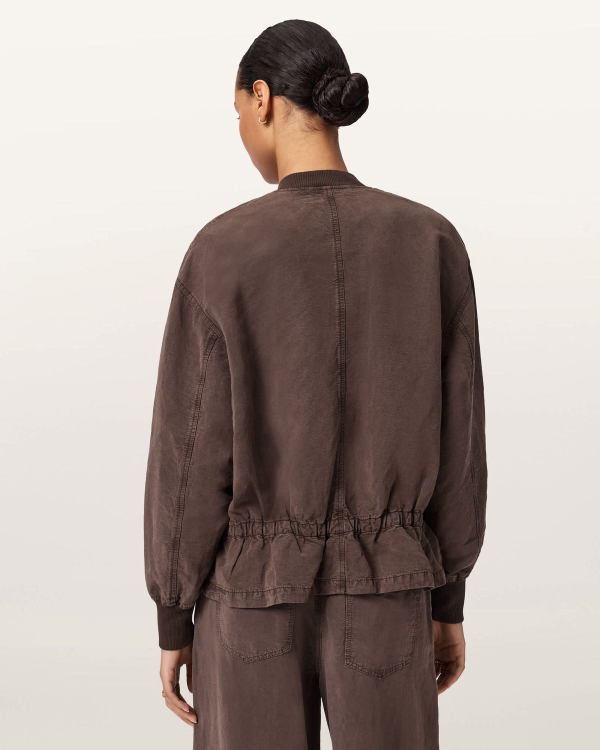 Sofi Linen Blend Drawstring Bomber Jacket PLUM BROWN