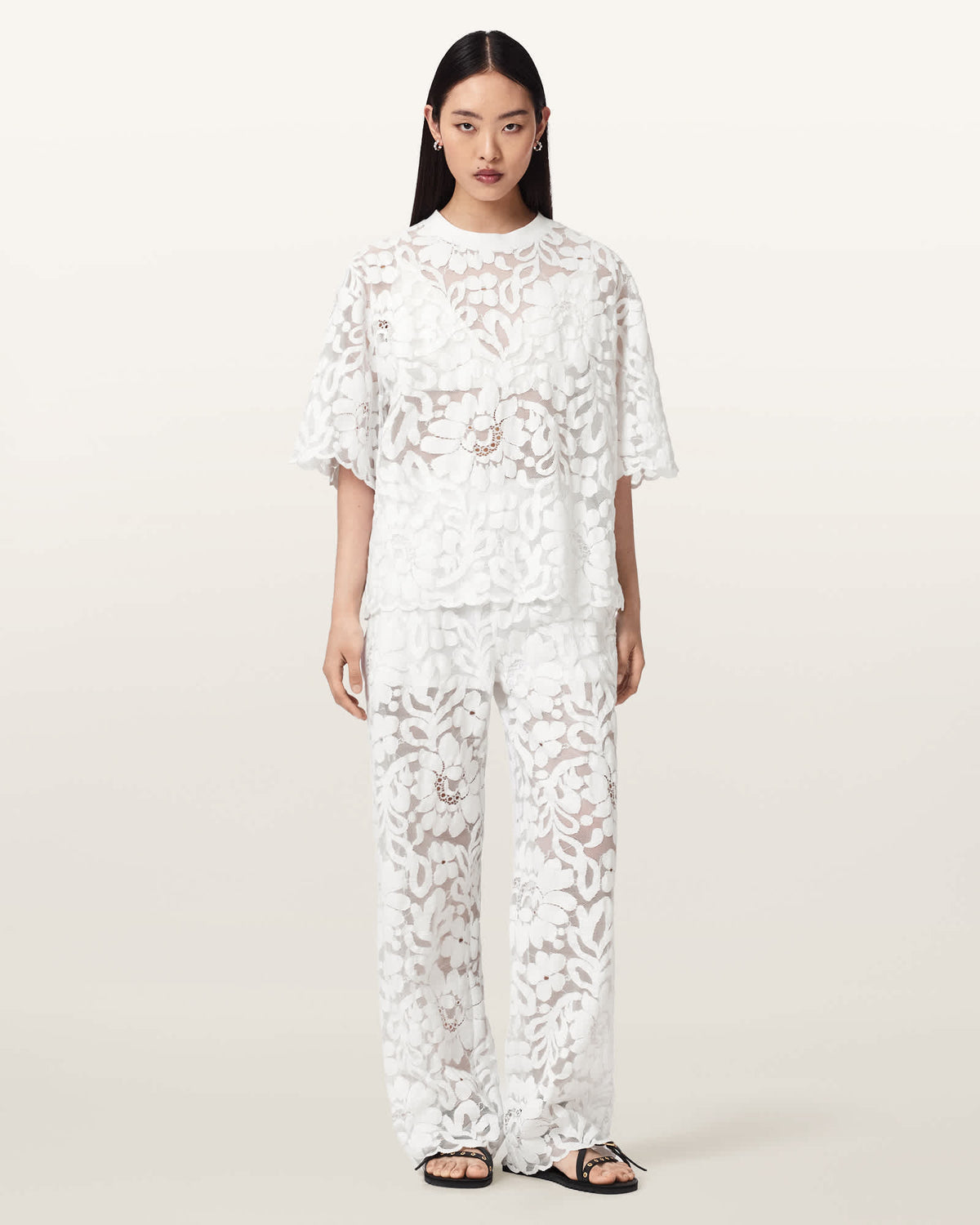 Amelie Straight Leg Lace Trousers Optic White