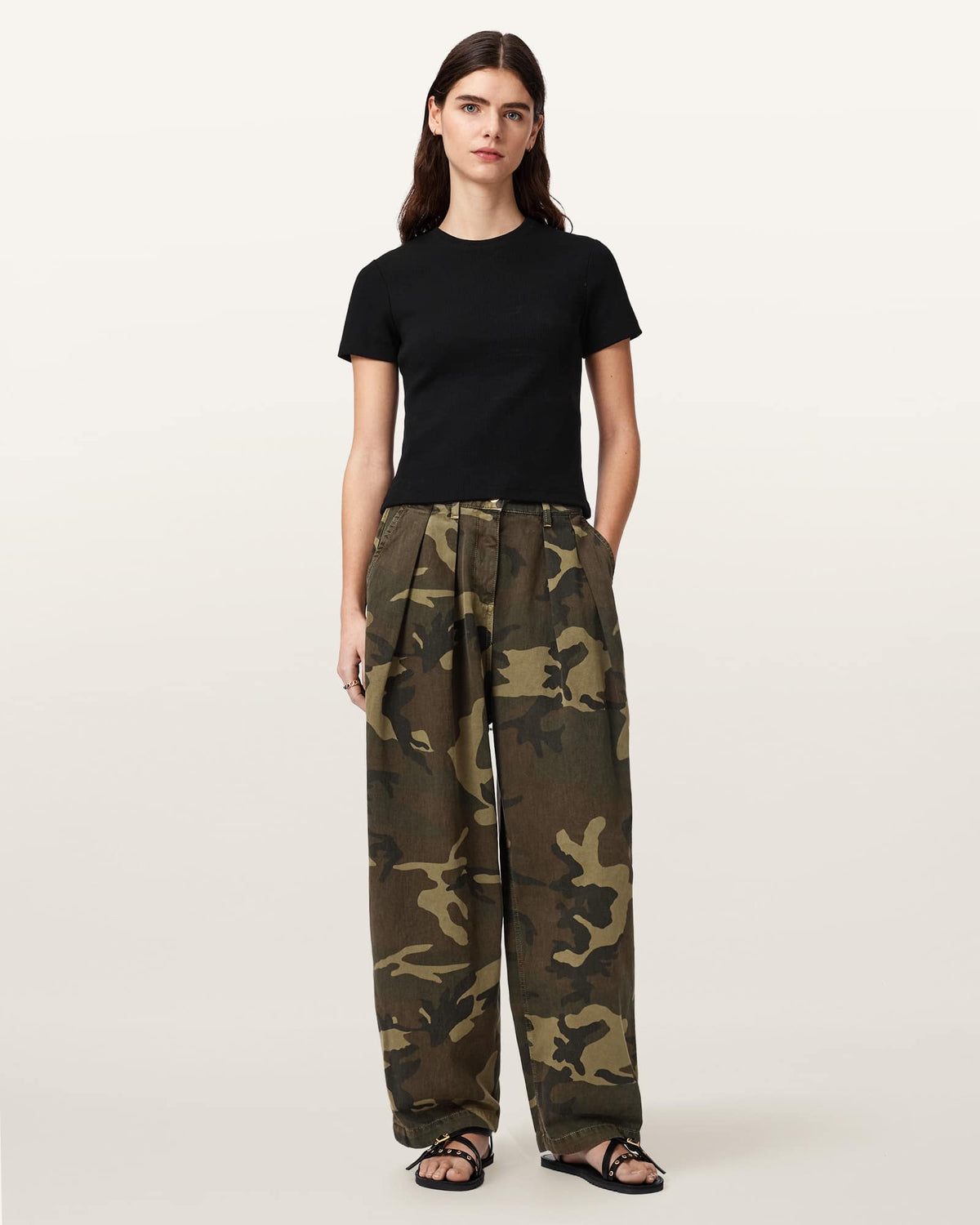 Becca Camo Denim Barrel Leg Trousers CAMO GREEN