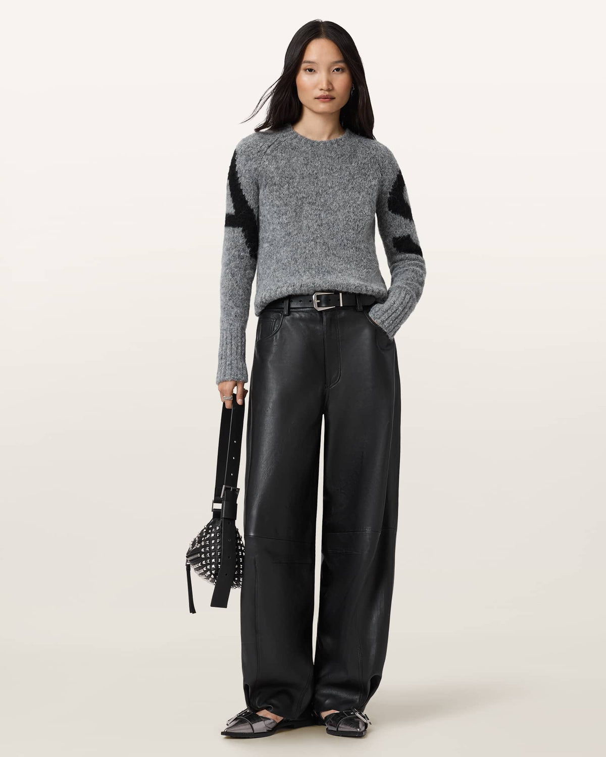 Sylvie Cropped Crew Neck Jumper Grey/Black