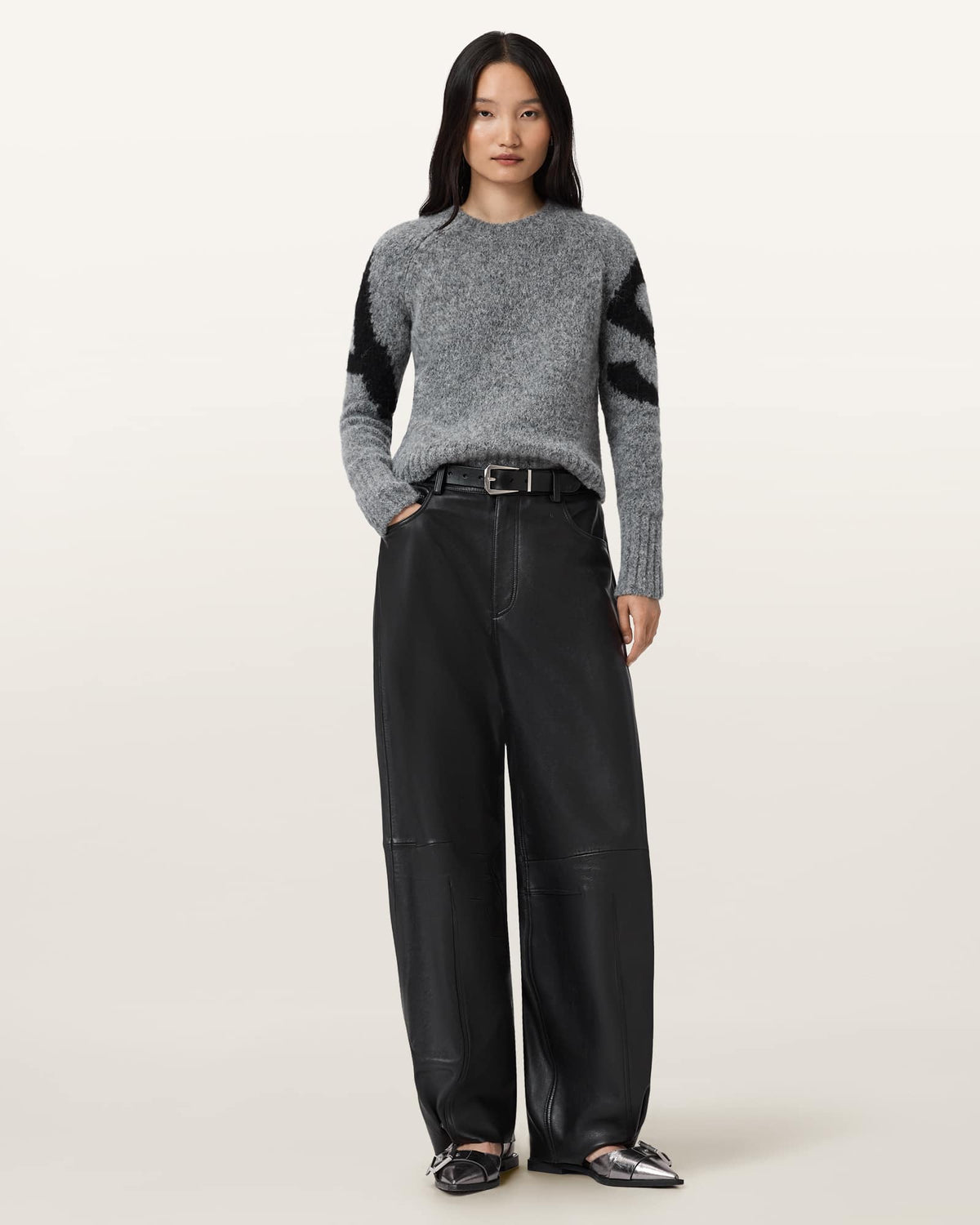 Sylvie Cropped Crew Neck Jumper Grey/Black