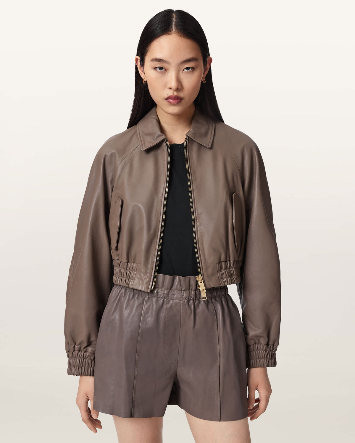 Anouk Cropped Leather Bomber Jacket MOLE BROWN