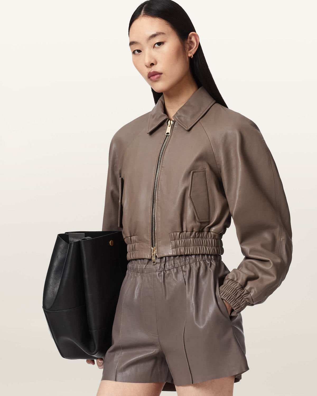 Anouk Cropped Leather Bomber Jacket MOLE BROWN