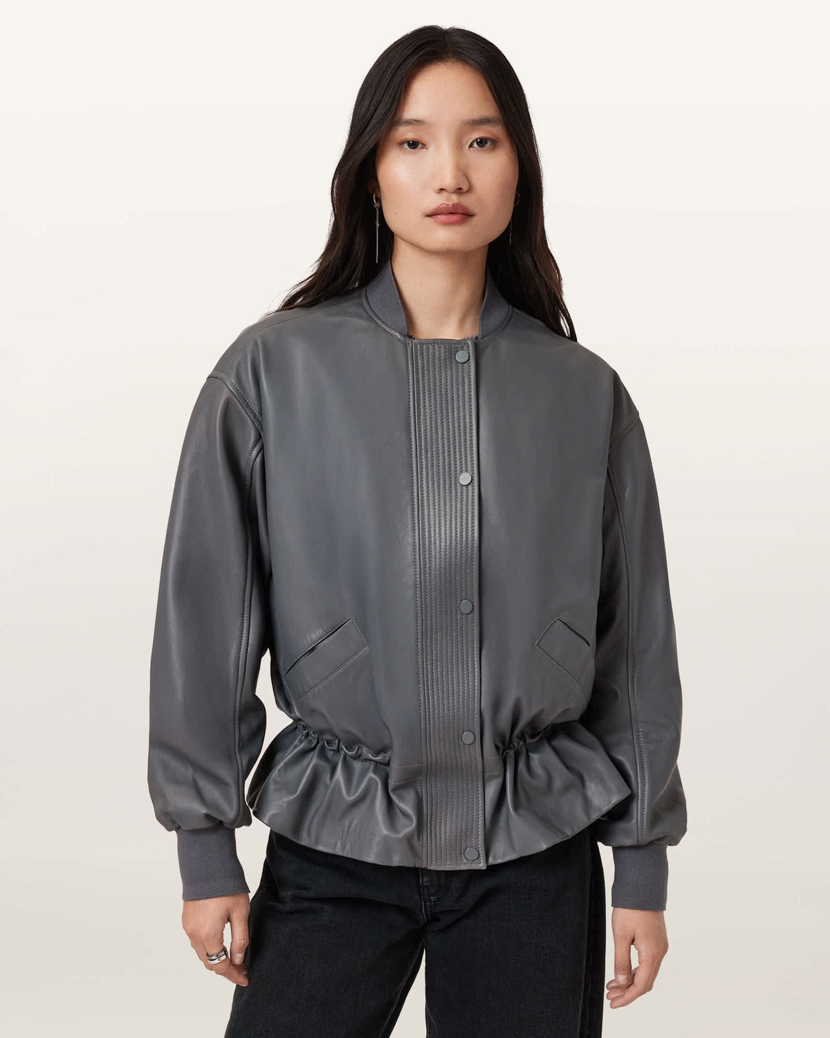 Sofi Drawstring Leather Bomber Jacket GRAPHITE BLUE