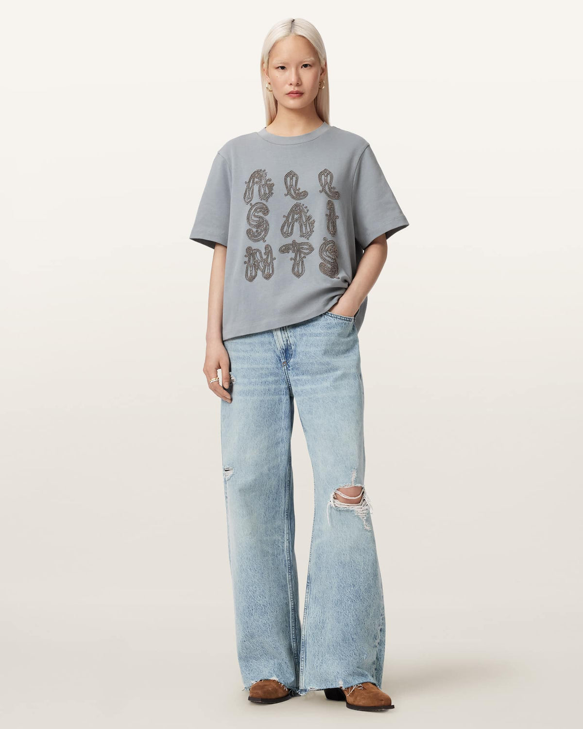 Ella Embroidered Lisa Boxy T-Shirt QUARRY BLUE