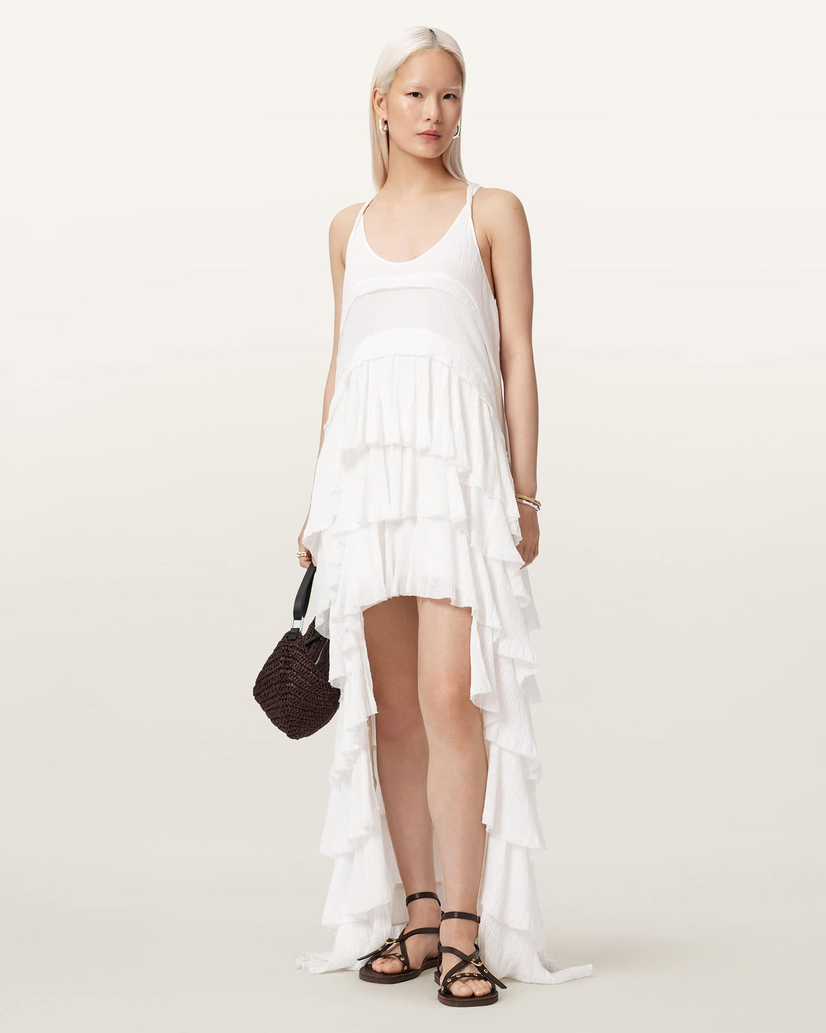 Cavarly Crepe Tiered Ruffle Maxi Dress White