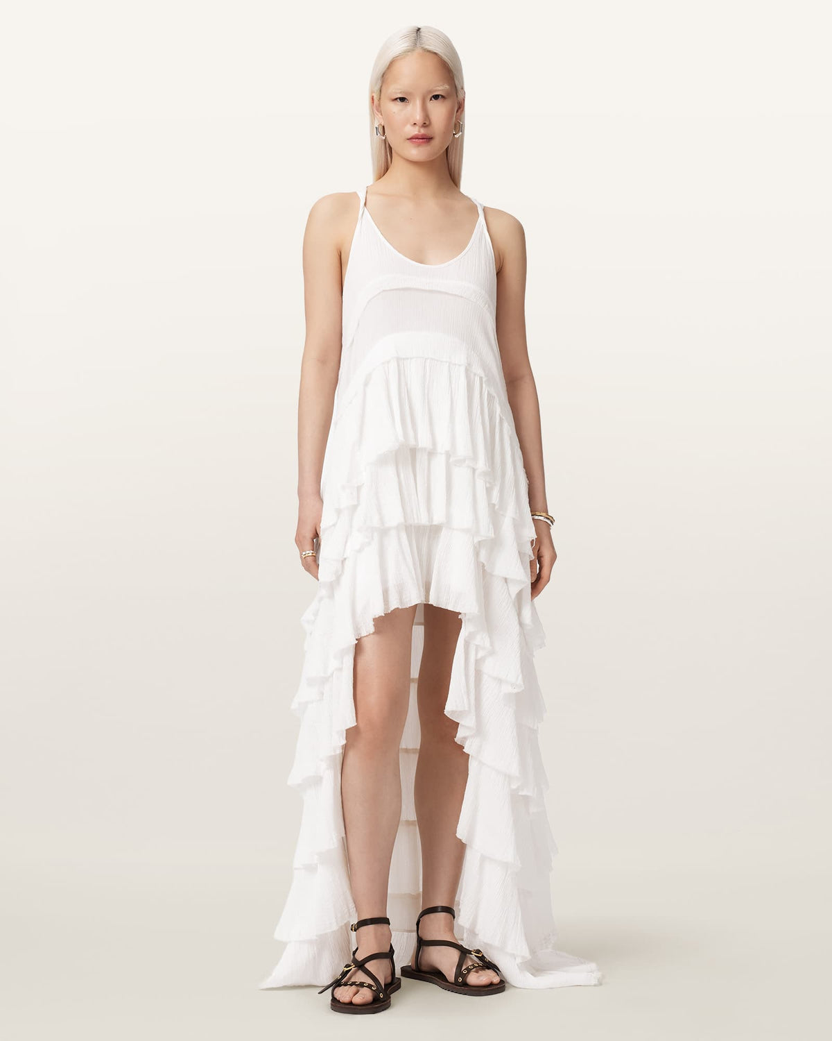 Cavarly Crepe Tiered Ruffle Maxi Dress White