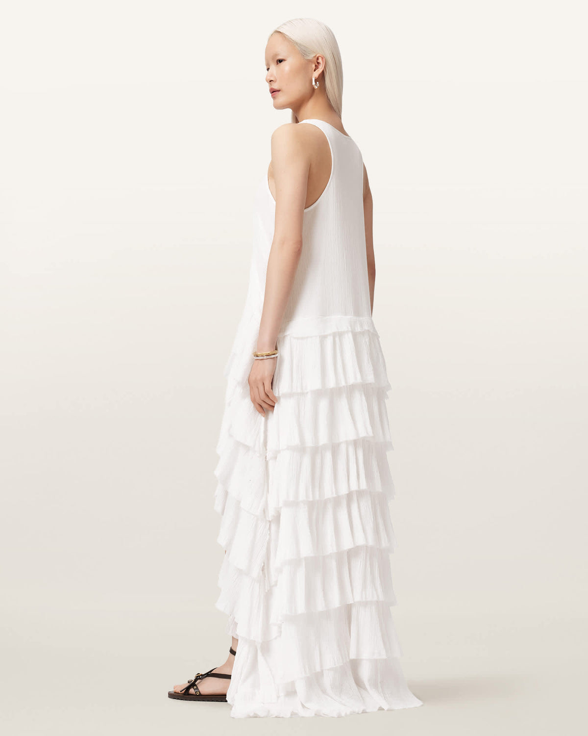Cavarly Crepe Tiered Ruffle Maxi Dress White