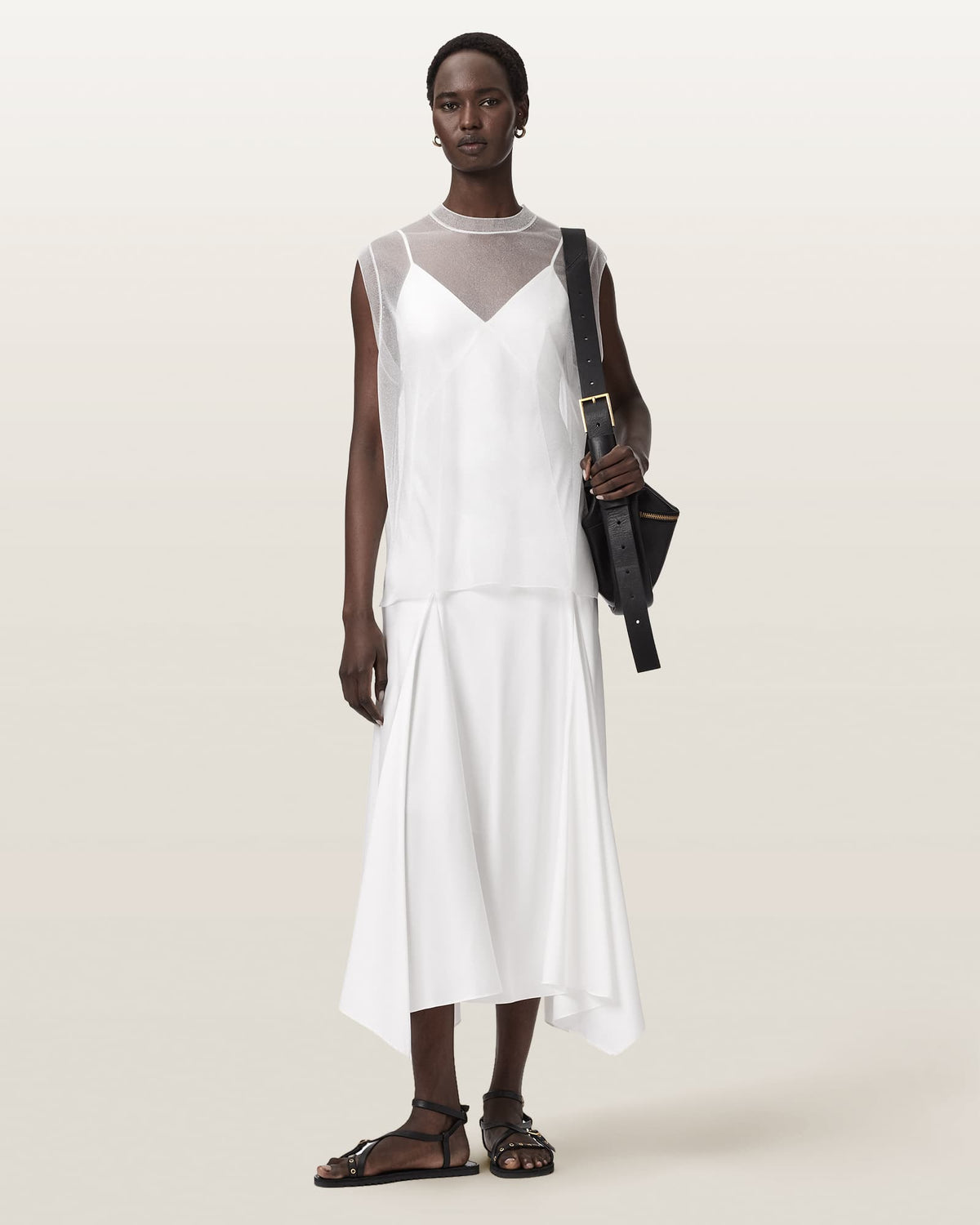 Ava Sleeveless Satin Midi Dress Chalk White