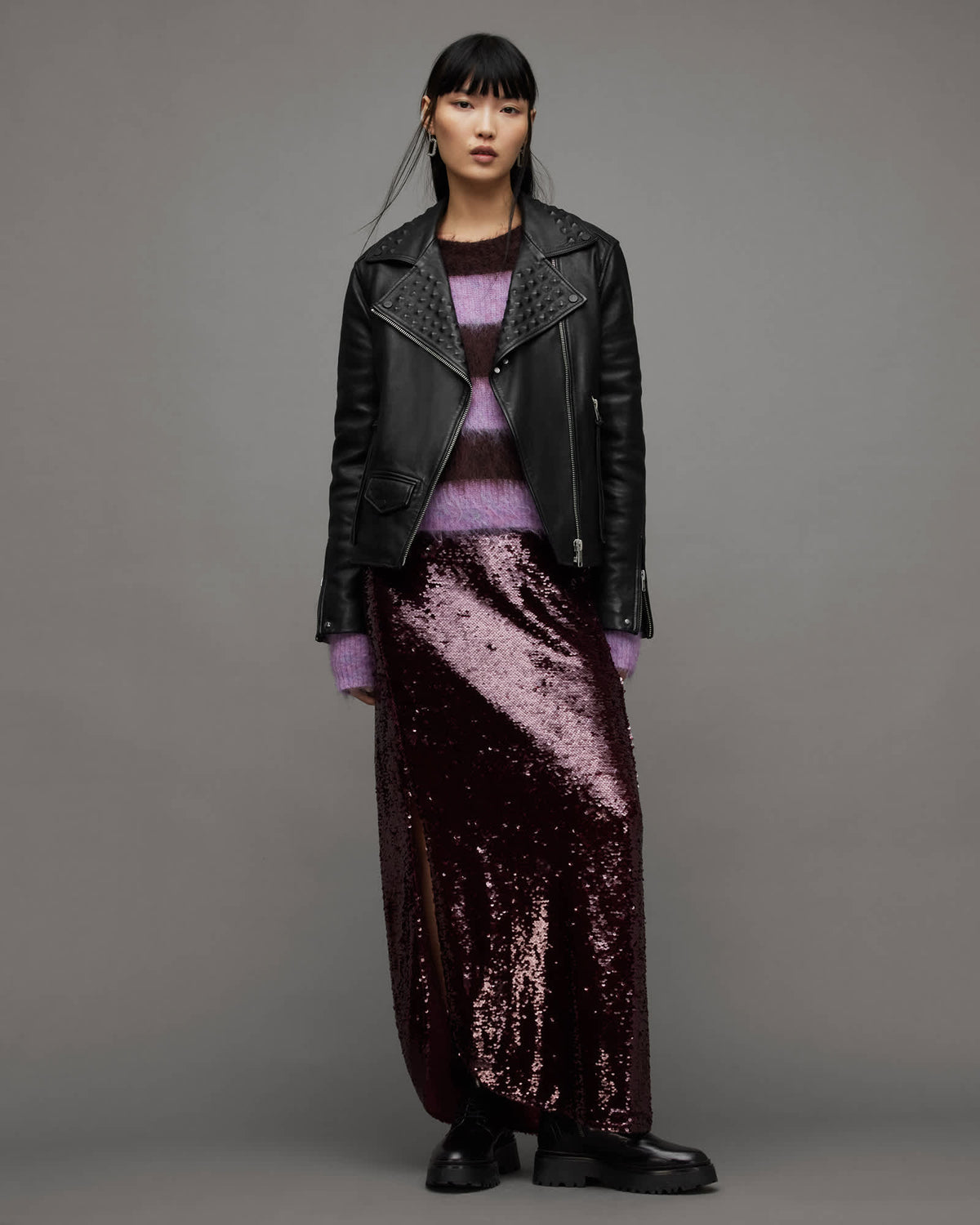 Lyra Pyramid Stud Leather Biker Jacket Black