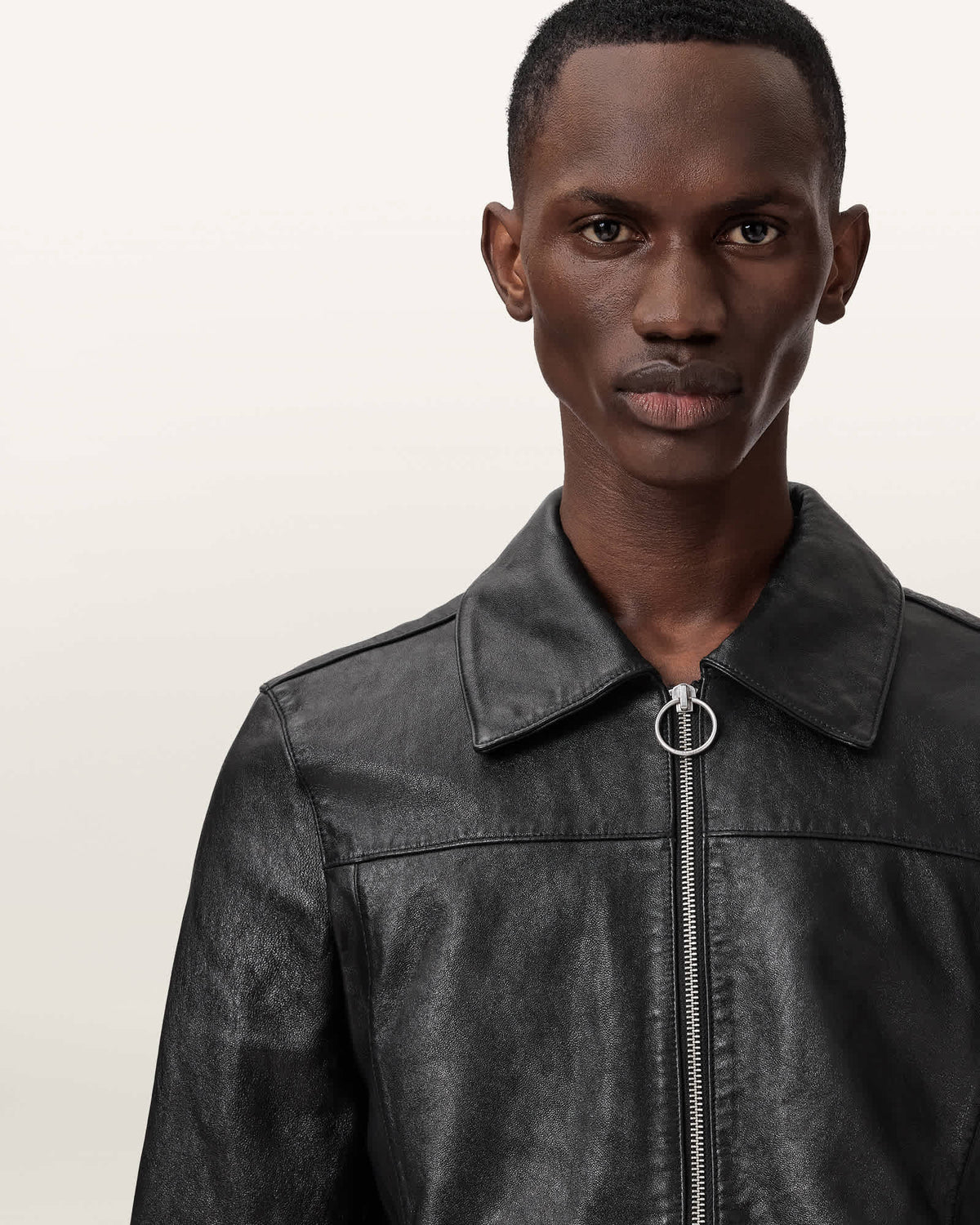 Alkan Zip Up Two Tone Leather Jacket Black