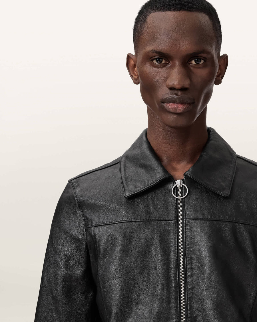 Alkan Zip Up Two Tone Leather Jacket Black