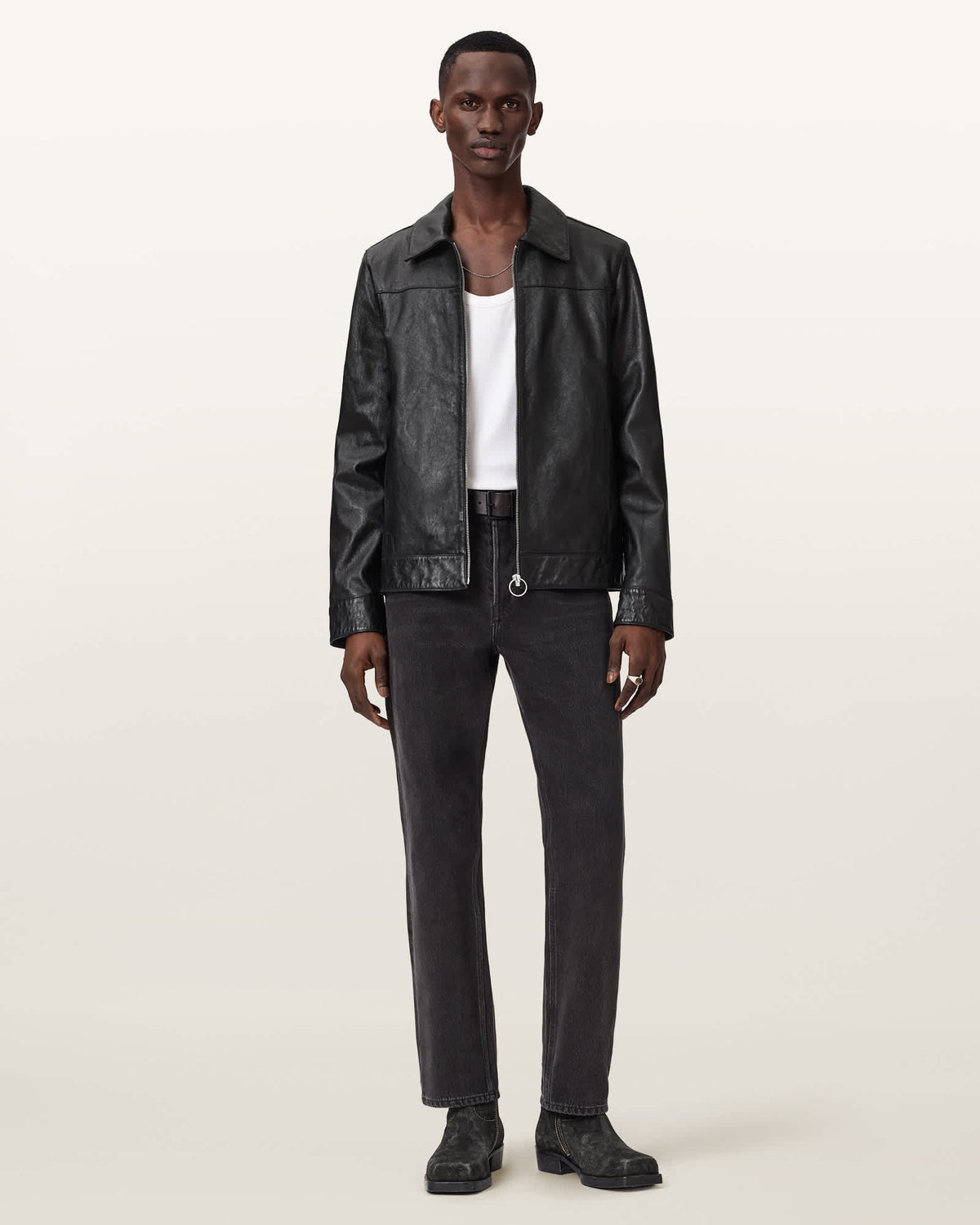 Alkan Zip Up Two Tone Leather Jacket Black