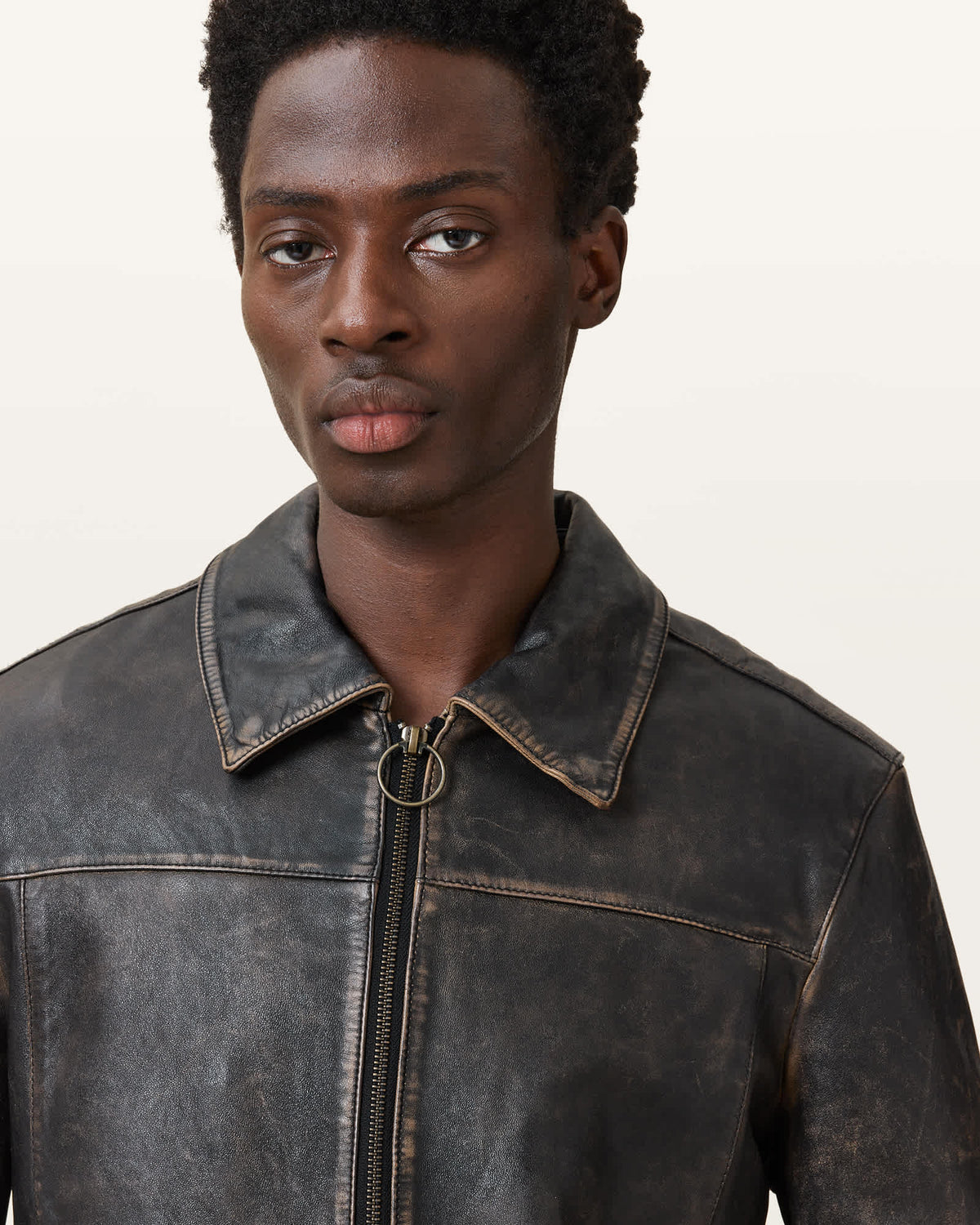 Alkan Zip Up Two Tone Leather Jacket Vintage Black