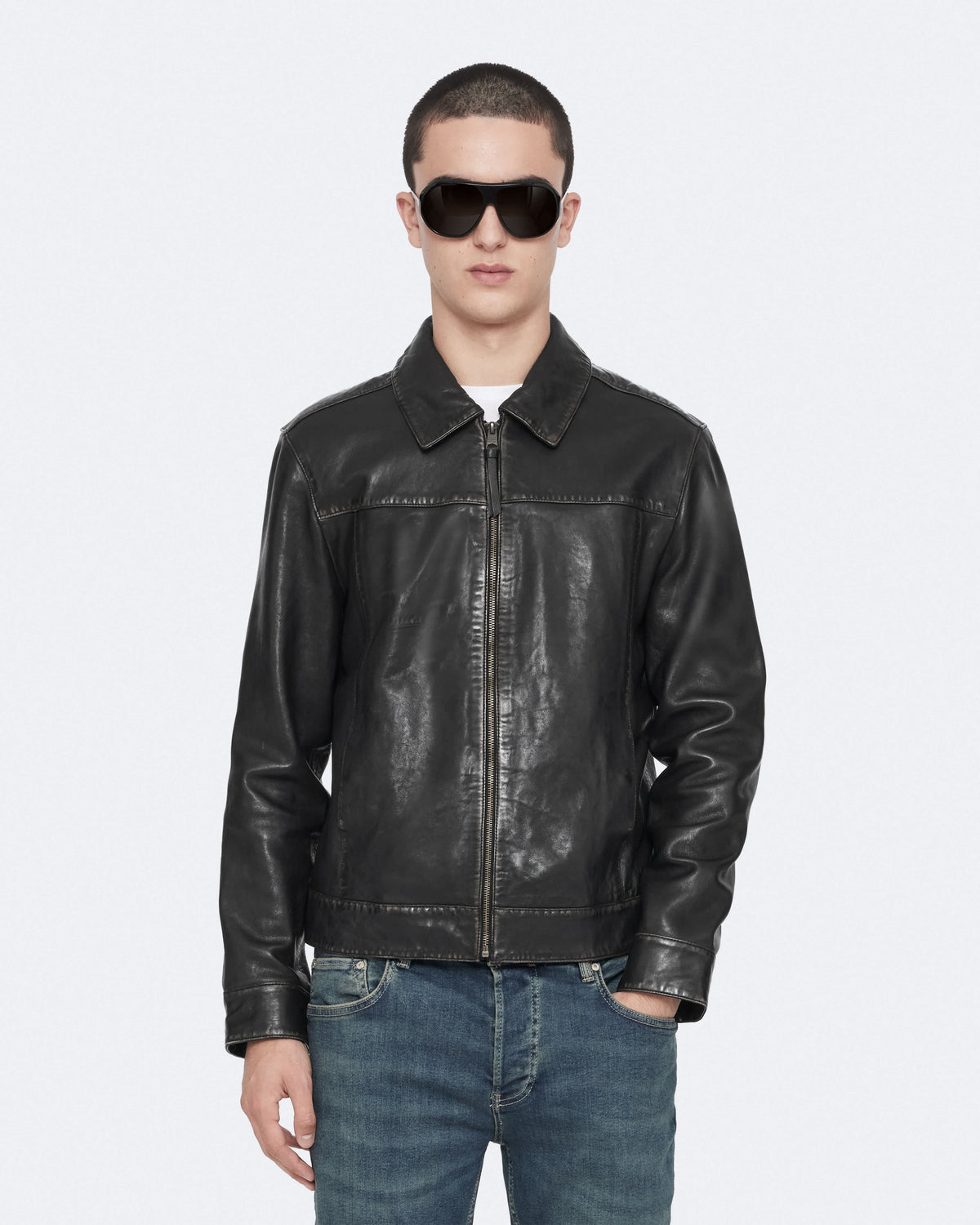 Alkan Zip Up Two Tone Leather Jacket Vintage Black
