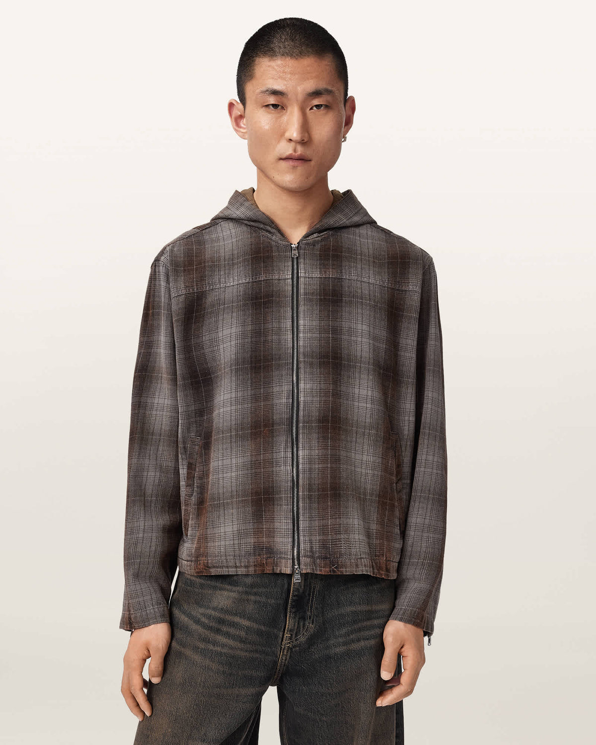 Santo Check Zip Up Hooded Shirt SHALE GREY