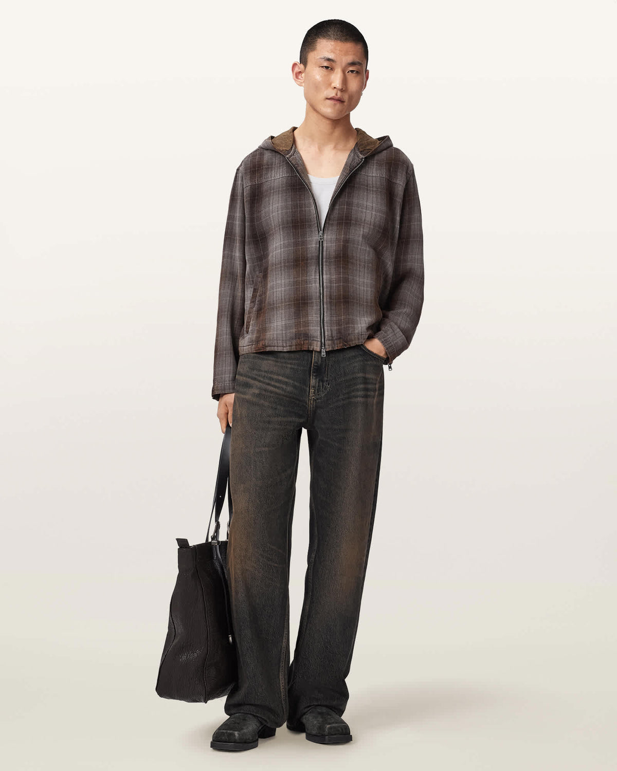 Santo Check Zip Up Hooded Shirt SHALE GREY