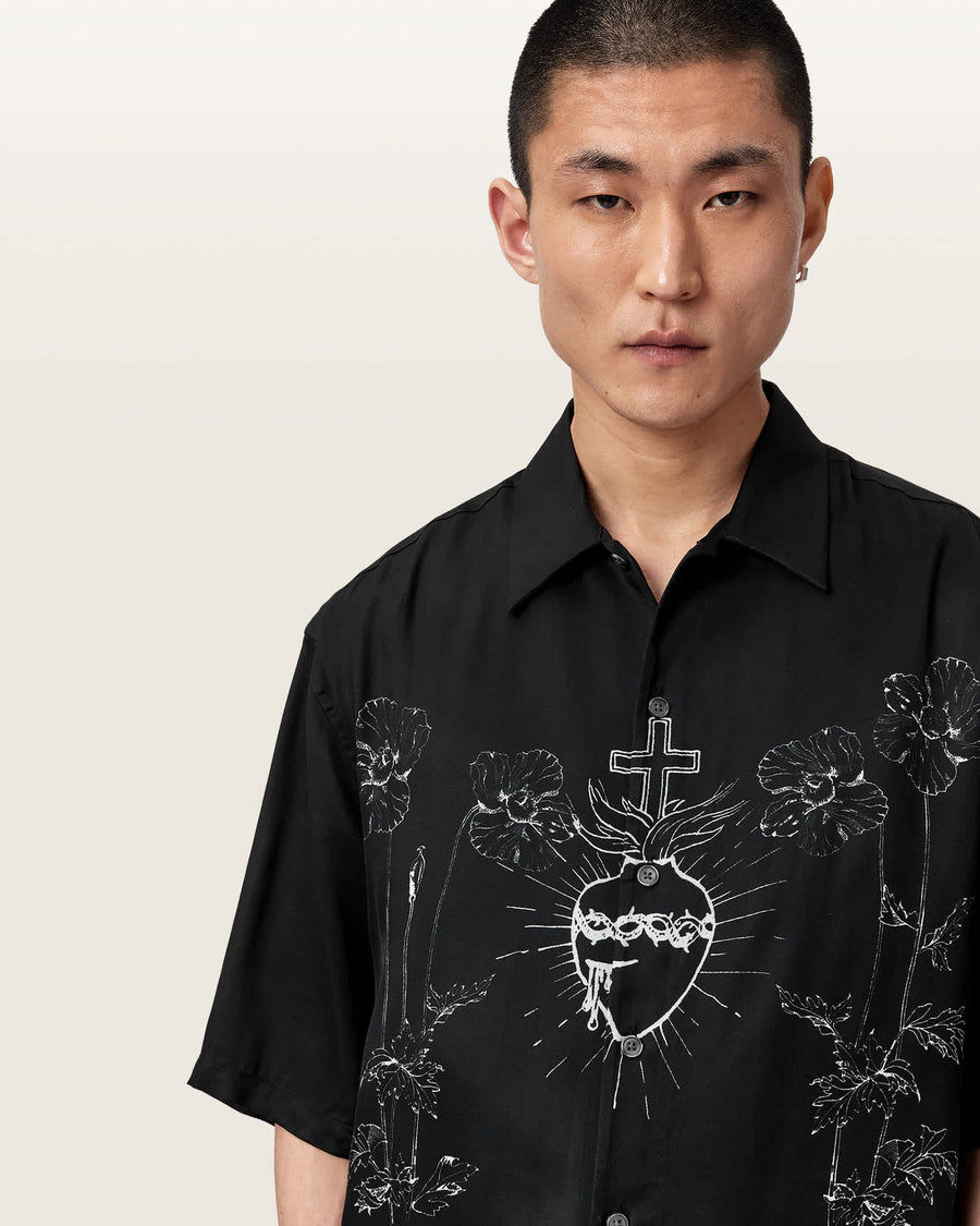 Fleur Oversized Short Sleeve Printed Shirt Black