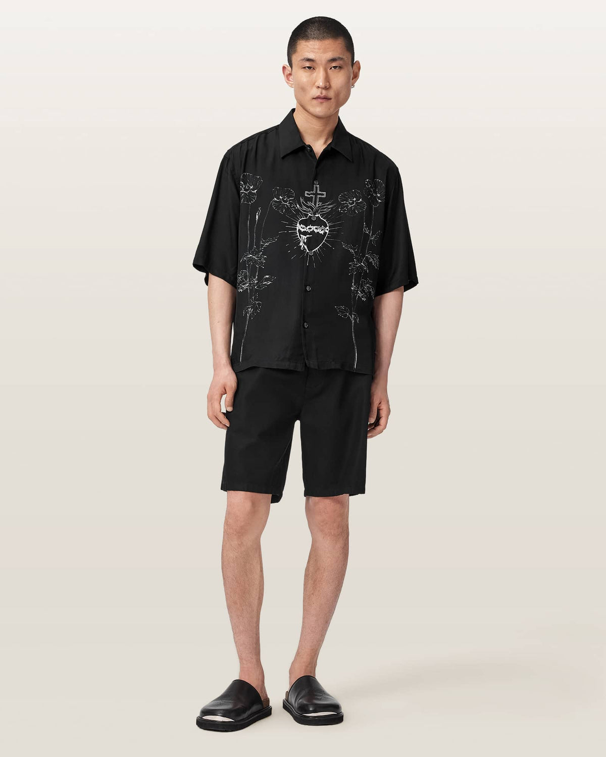 Fleur Oversized Short Sleeve Printed Shirt Black