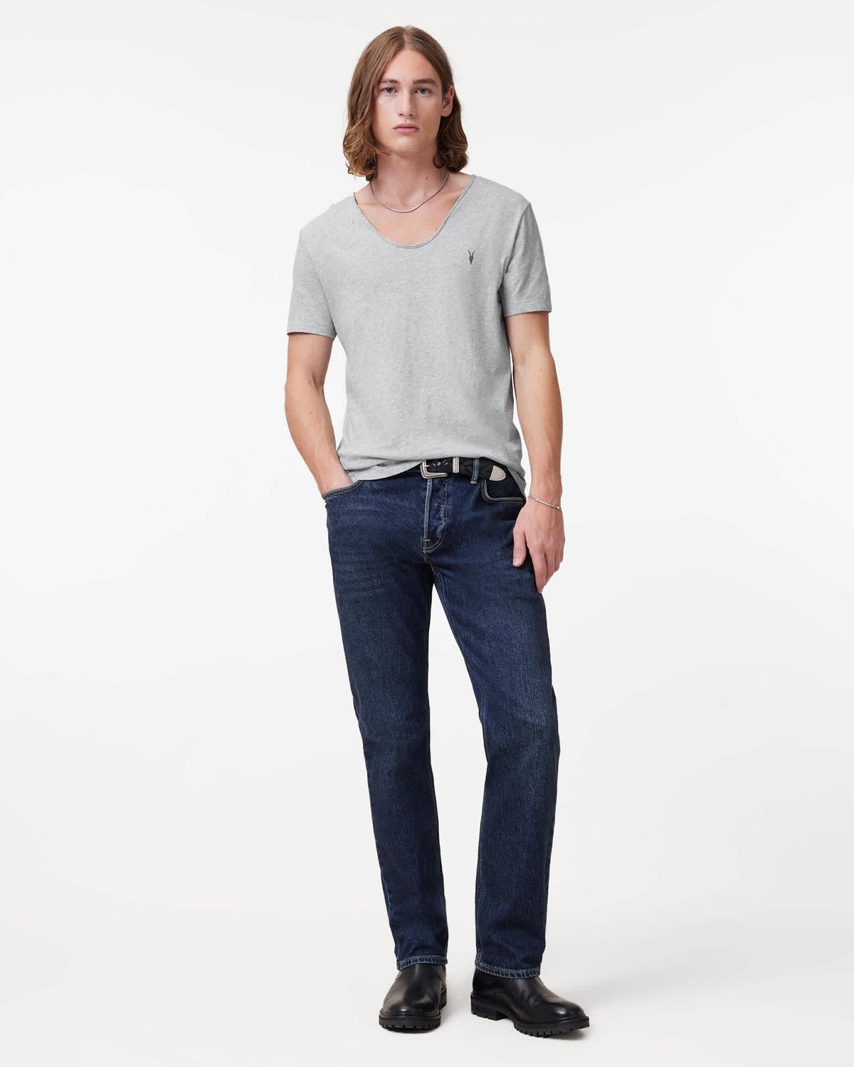 Tonic Scoop Neck Slim Ramskull T-Shirt Grey Marl