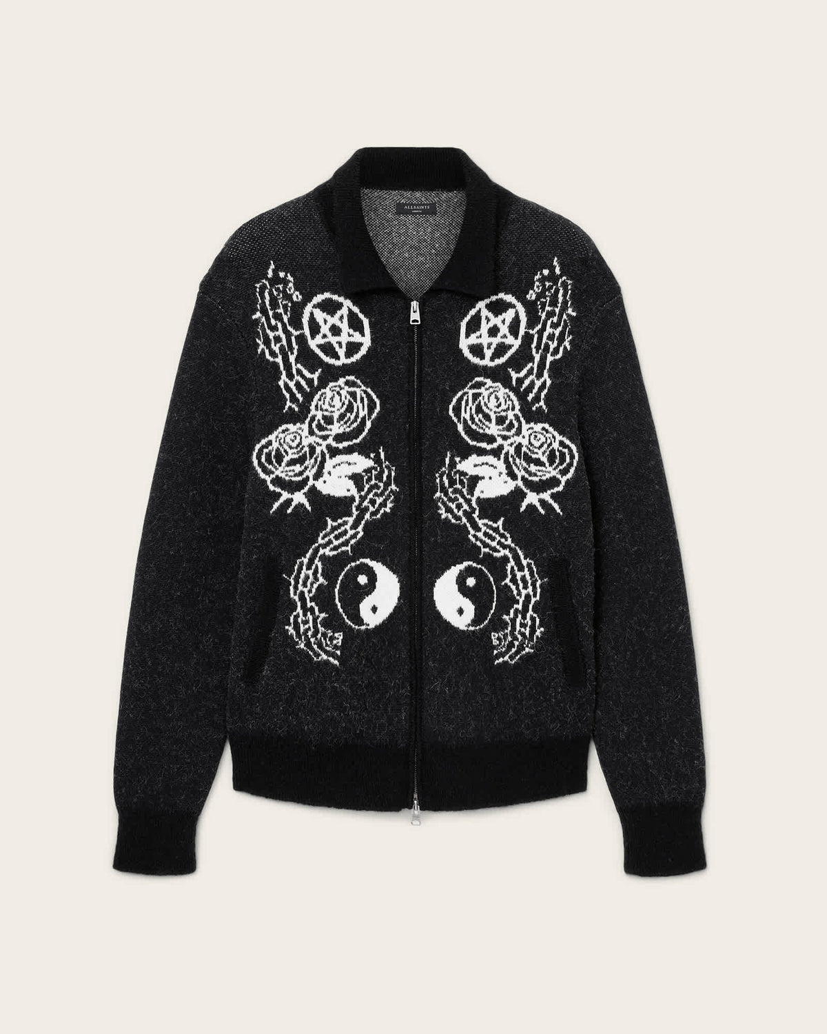 Warner Jacquard Wool Cardigan CINDER BLACK/WHITE