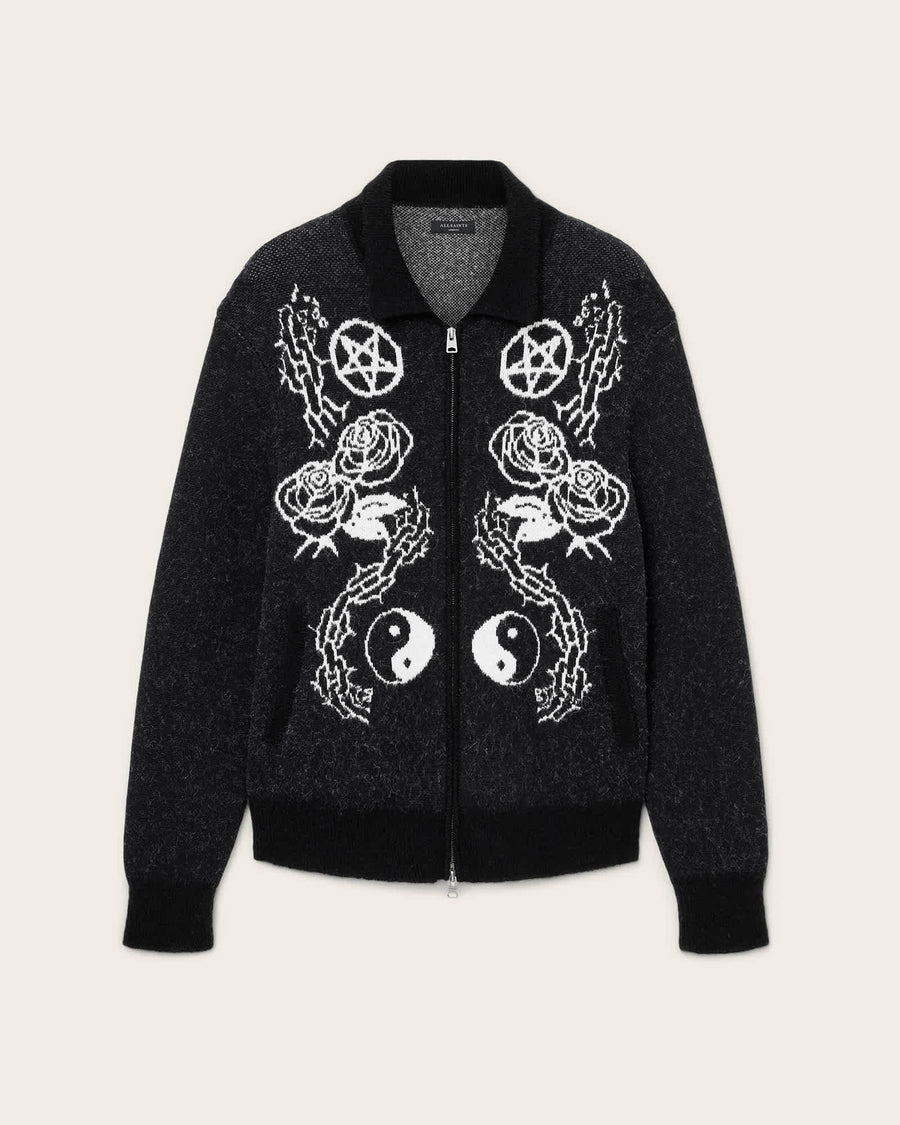 Warner Jacquard Wool Cardigan CINDER BLACK/WHITE