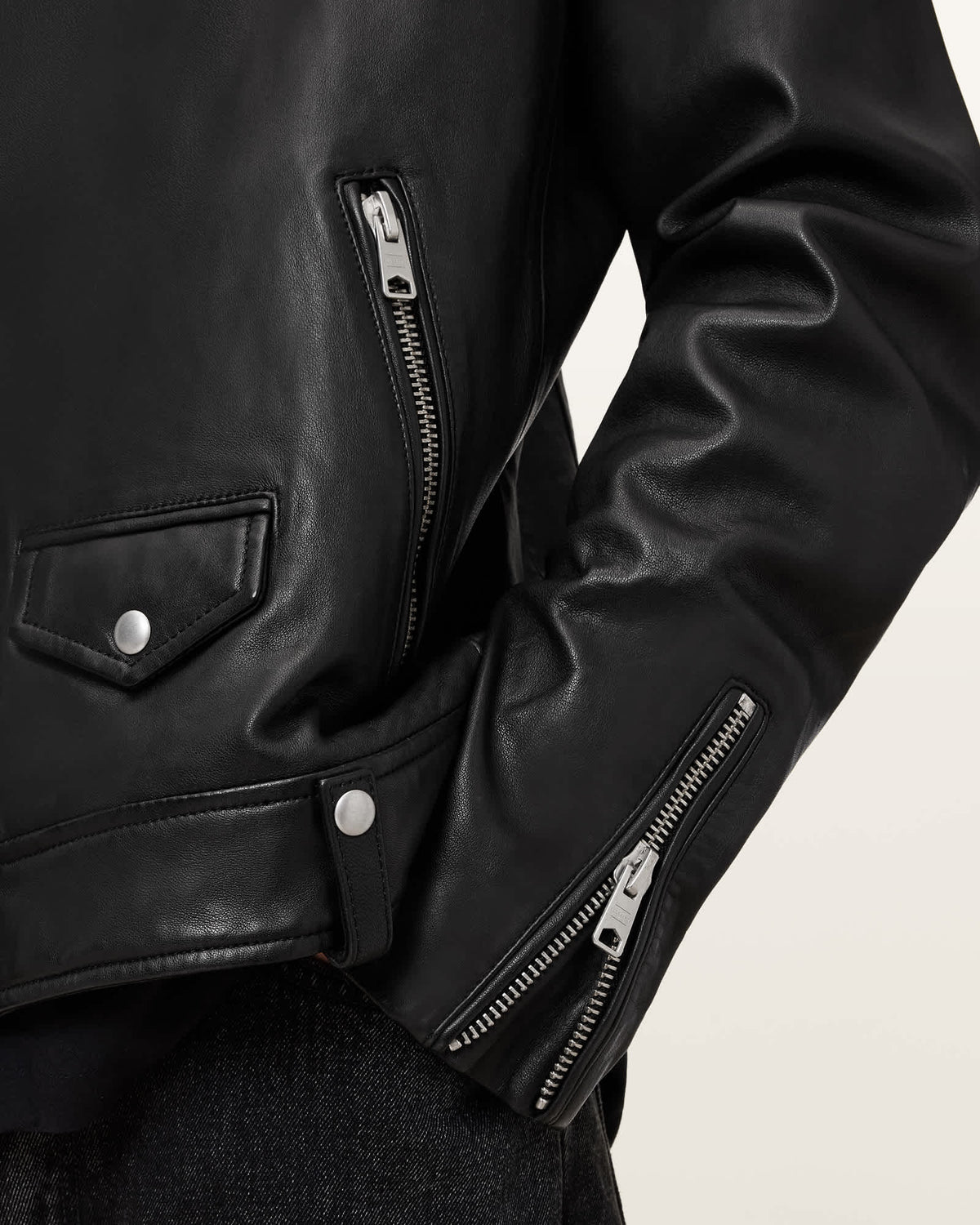 Milo Asymmetric Zip Leather Biker Jacket Black