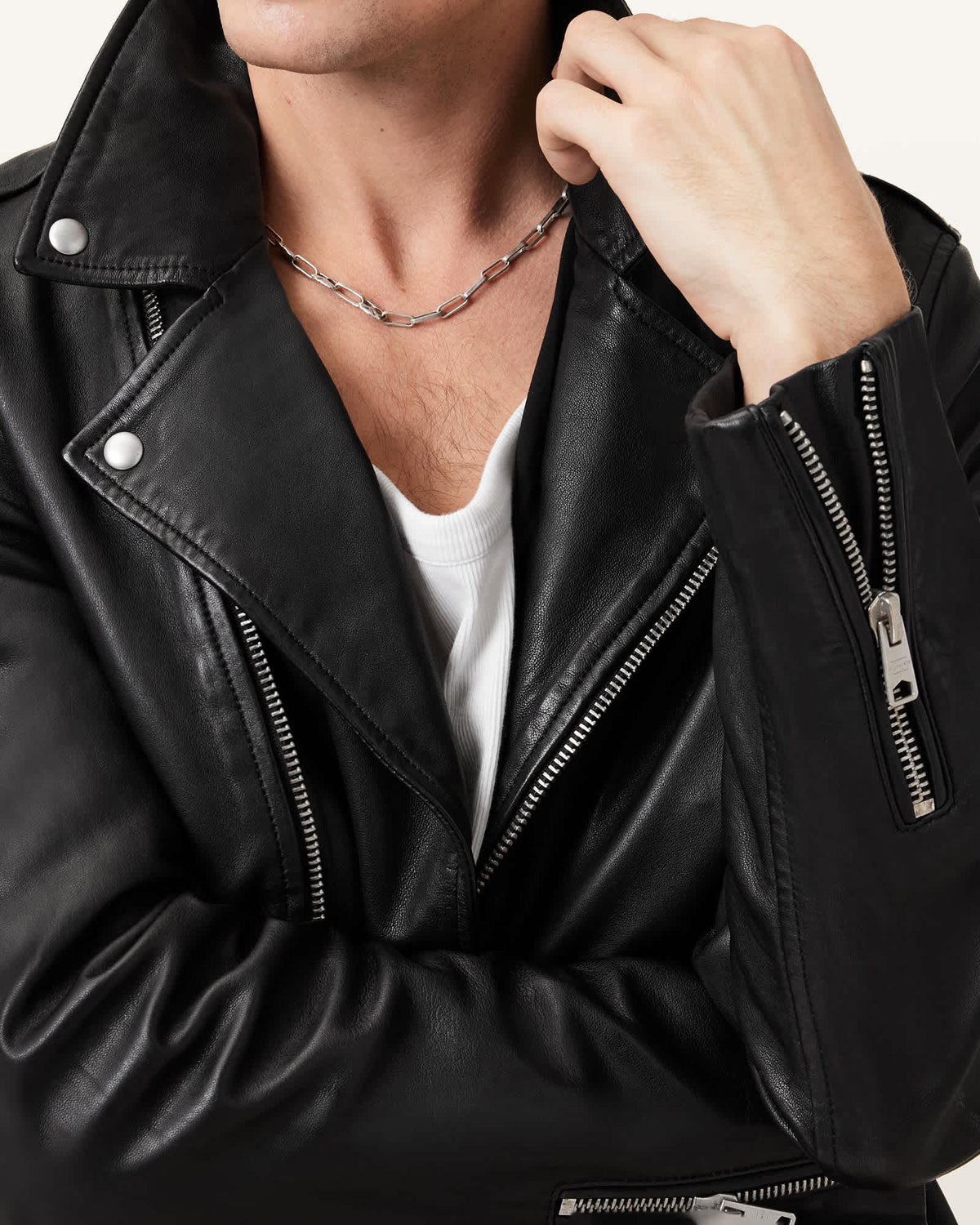 Milo Asymmetric Zip Leather Biker Jacket Black