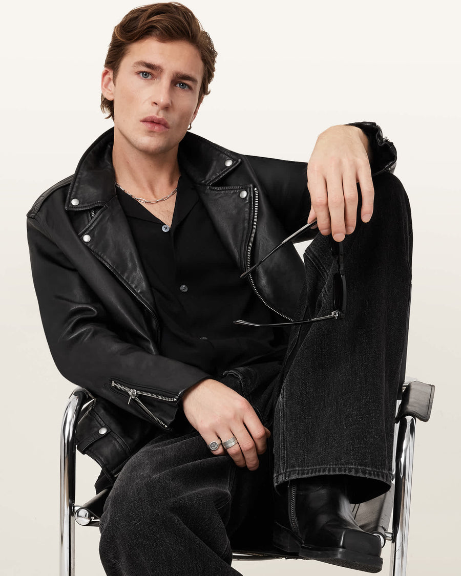 Milo Asymmetric Zip Leather Biker Jacket Black
