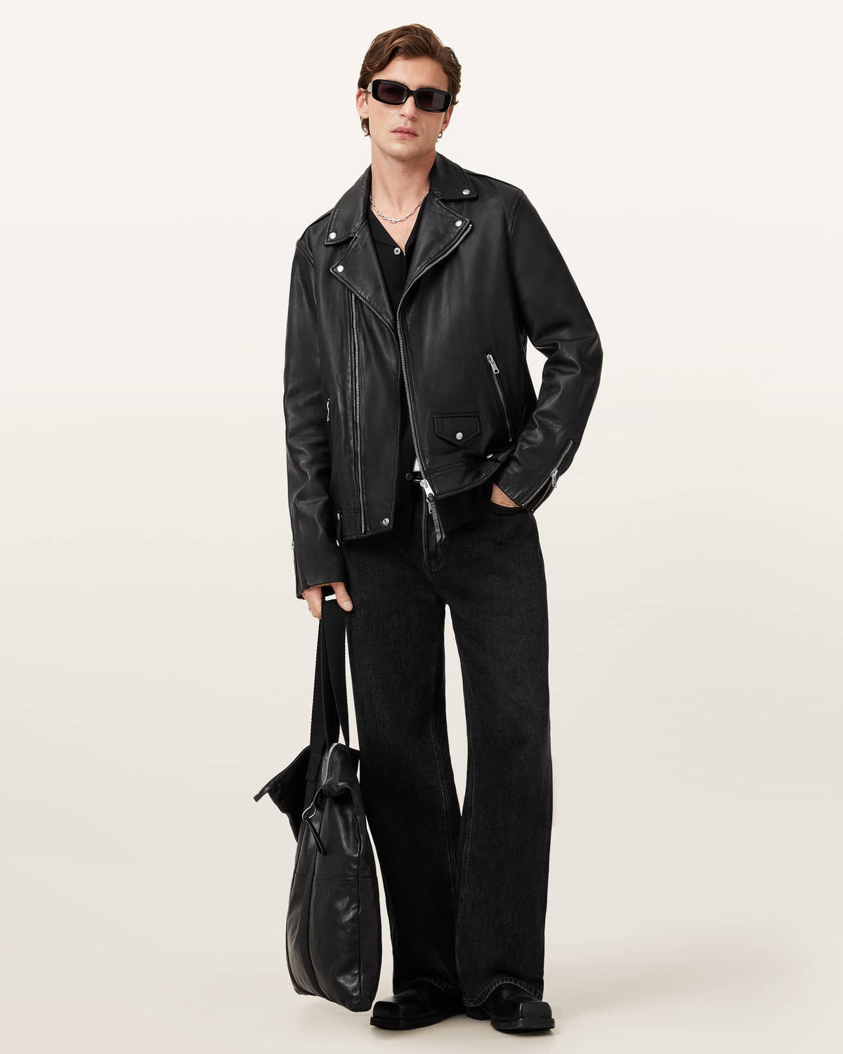Milo Asymmetric Zip Leather Biker Jacket Black