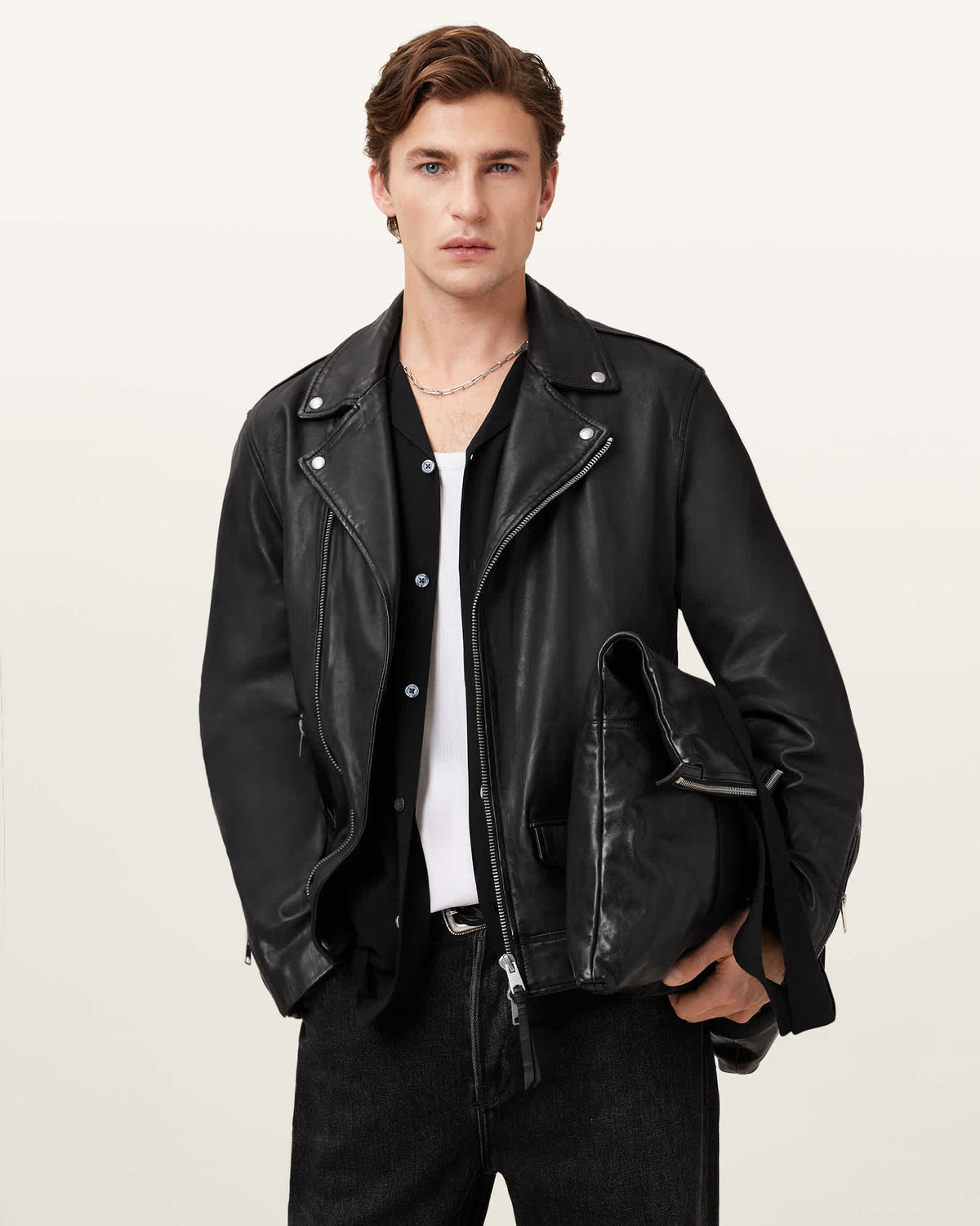 Milo Asymmetric Zip Leather Biker Jacket Black