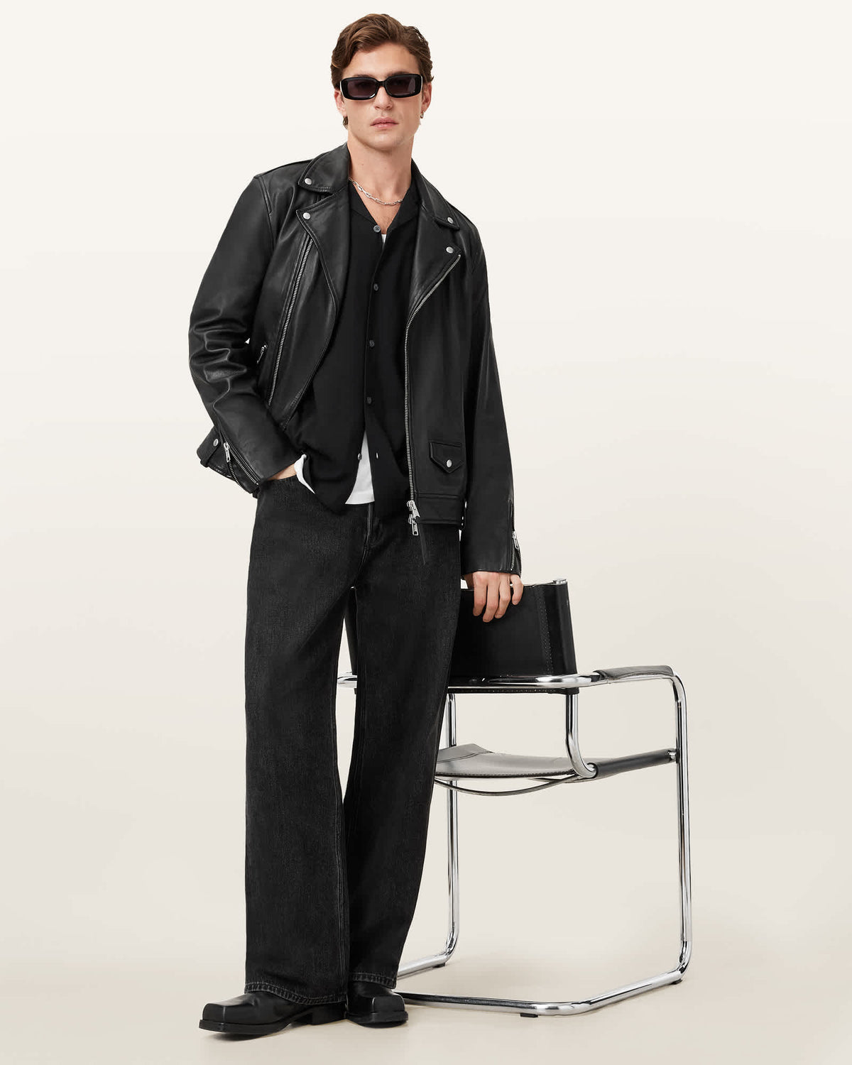 Milo Asymmetric Zip Leather Biker Jacket Black