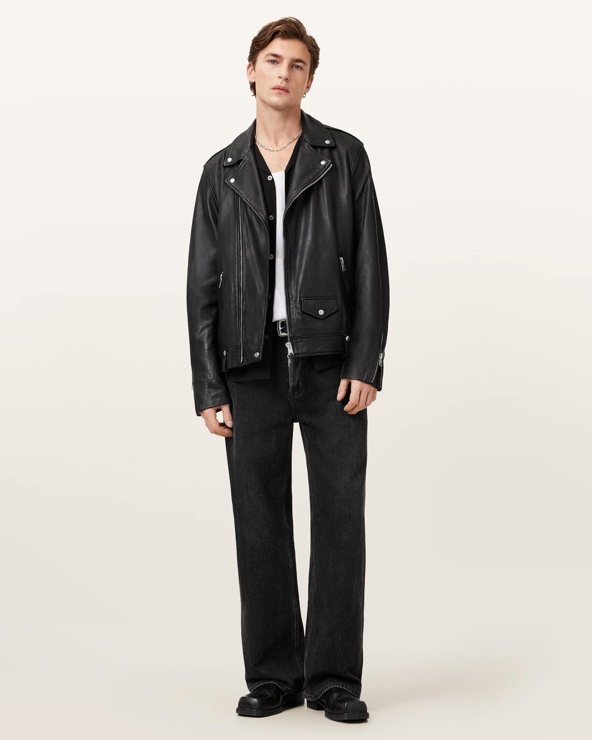 Milo Asymmetric Zip Leather Biker Jacket Black