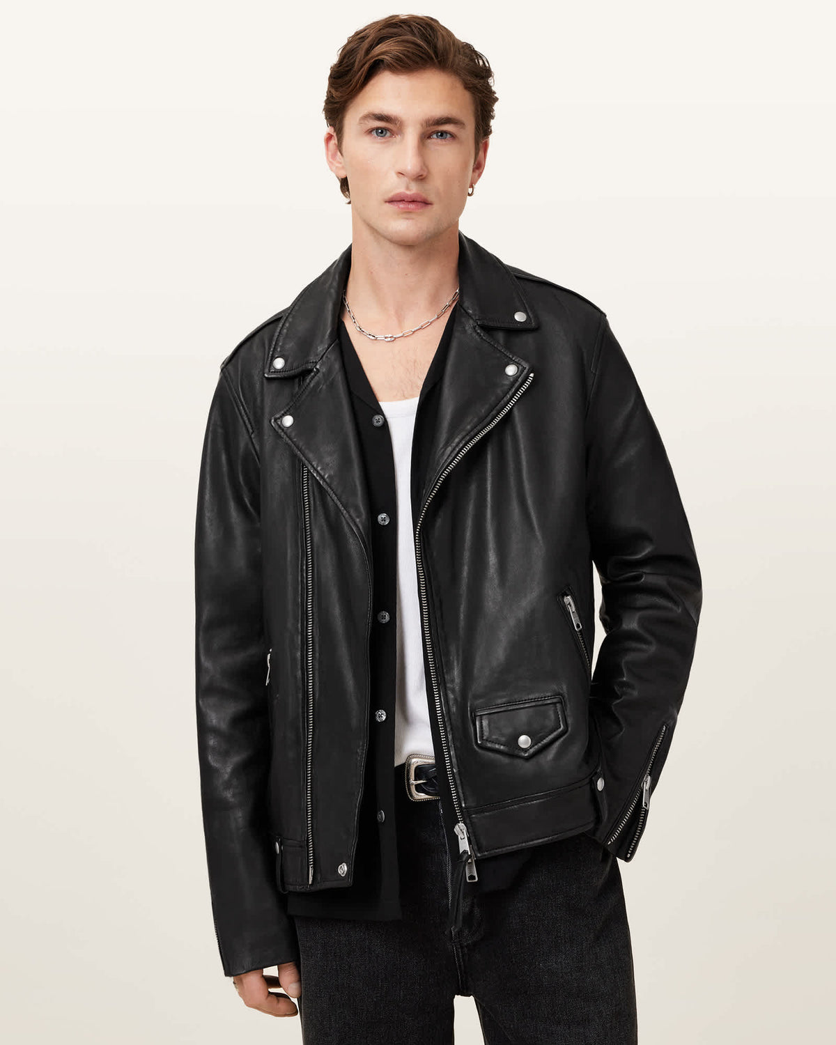 Milo Asymmetric Zip Leather Biker Jacket Black