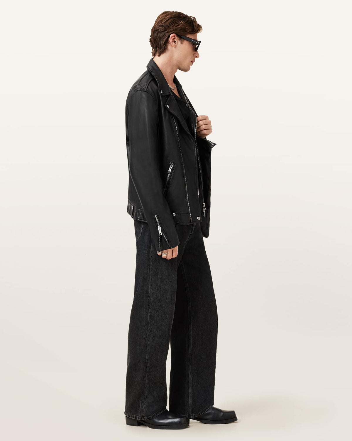 Milo Asymmetric Zip Leather Biker Jacket Black